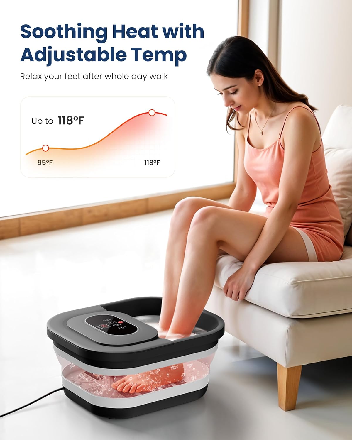Detalle de COMFIER Fußbad Massagegerät mit Heizung – Faltbar, 35–48°C, Blasenmassage, Timer, Bimsstein