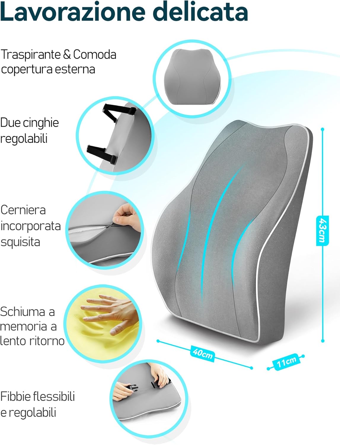 Detalle de Travel Ease Cuscino Lombare Ergonomico in Schiuma di Memoria con doppie cinghie regolabili (grigio)