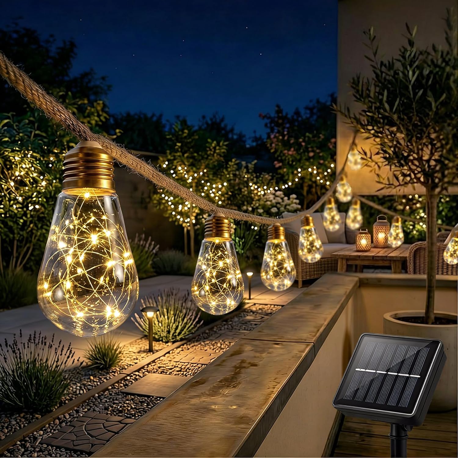 Detalle de Cnulenzt Solar-Lichterkette außen mit 16 Vintage-Glühbirnen, 8 Modi, 8 m – IP65 (Warm Weiß)