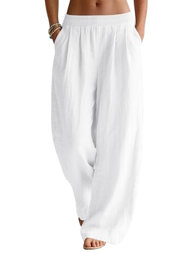 Detalle de Rapbin Summer Trousers for Women – Lightweight Linen-Blend Wide-Leg Pants (White)