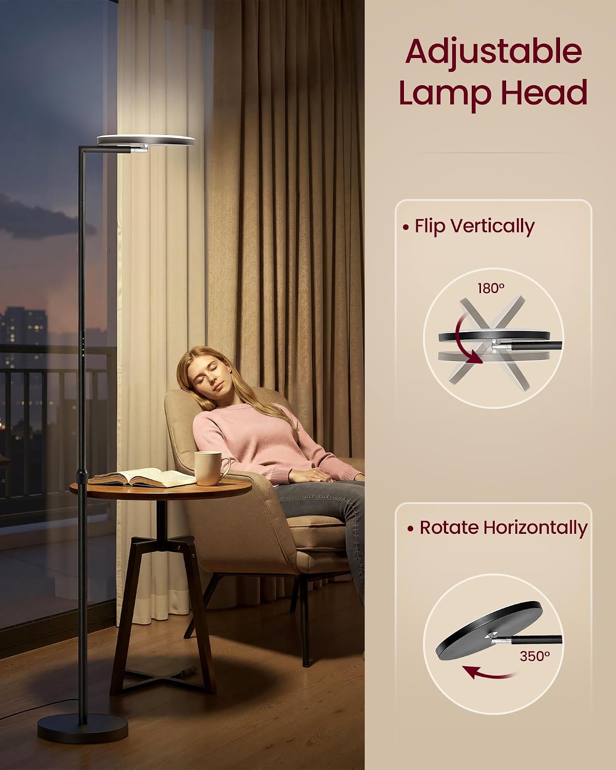 Detalle de VASAGLE LFL008BD01 LED Floor Lamp, 36W Adjustable Height, Rotating Head