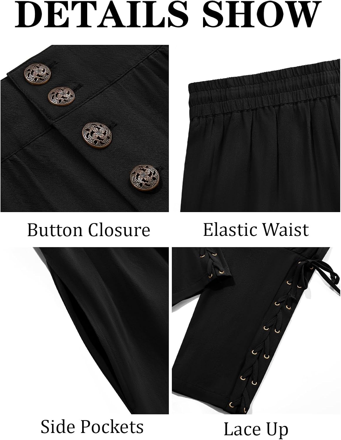 Detalle 2 de Runcati QT1806 Men's Medieval Pirate Pants, Cotton, Lace-Up Cuffs, Side Pockets