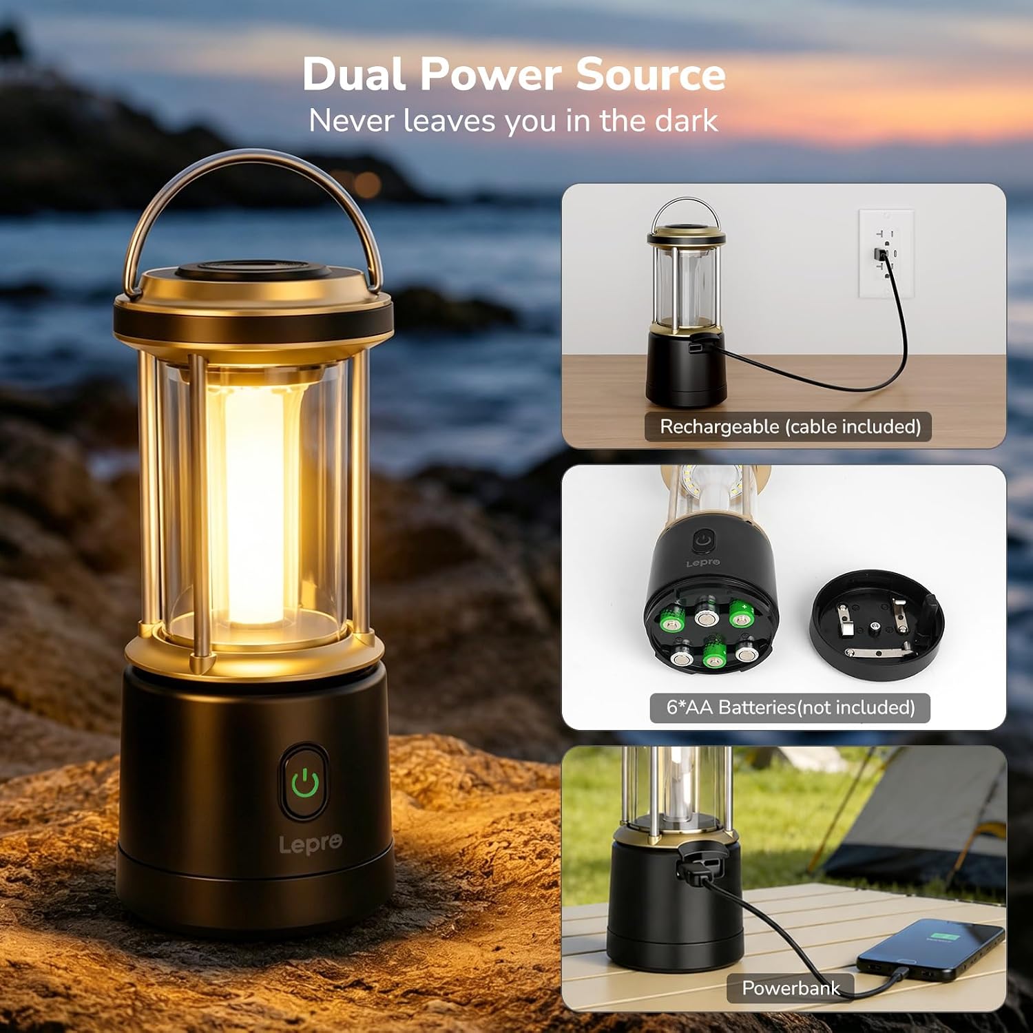 Detalle 2 de Lepro 330044-BK-US 2000LM Camping Lantern, Dual Power, Dimmable, IPX4