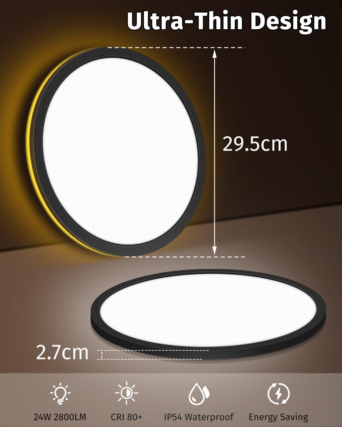 Thumbnail 5 de Bowfar LED Deckenleuchte 24W mit Fernbedienung, dimmbar (3000K–6500K) & Amber-Nachtlicht 1800K, Ø29,5 cm, schwarz
