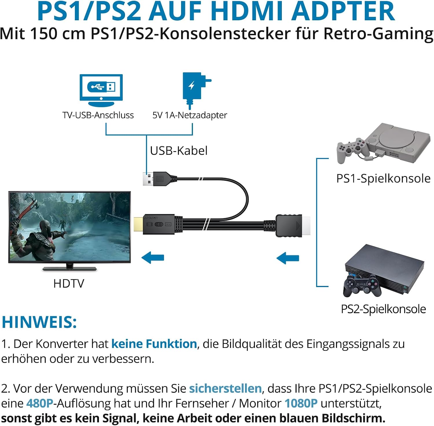 Thumbnail 2 de AUTOUTLET PS1/PS2 auf HDMI Adapter – Plug & Play, 1080p, 4:3/16:9 Konvertierung, 150 cm Kabel