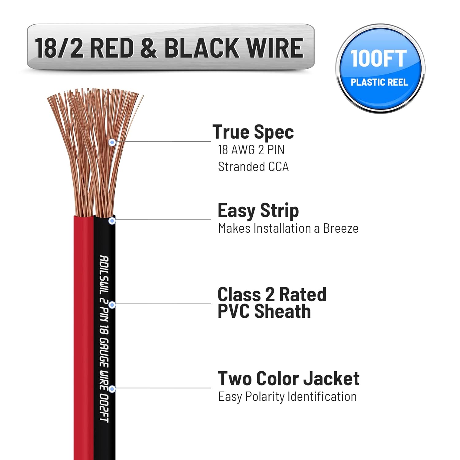 Detalle de 18AWG 100FT Speaker Wire, 2 Conductors, Red & Black, Copper-Clad Aluminum, 12V/24V DC Low-Voltage Cable