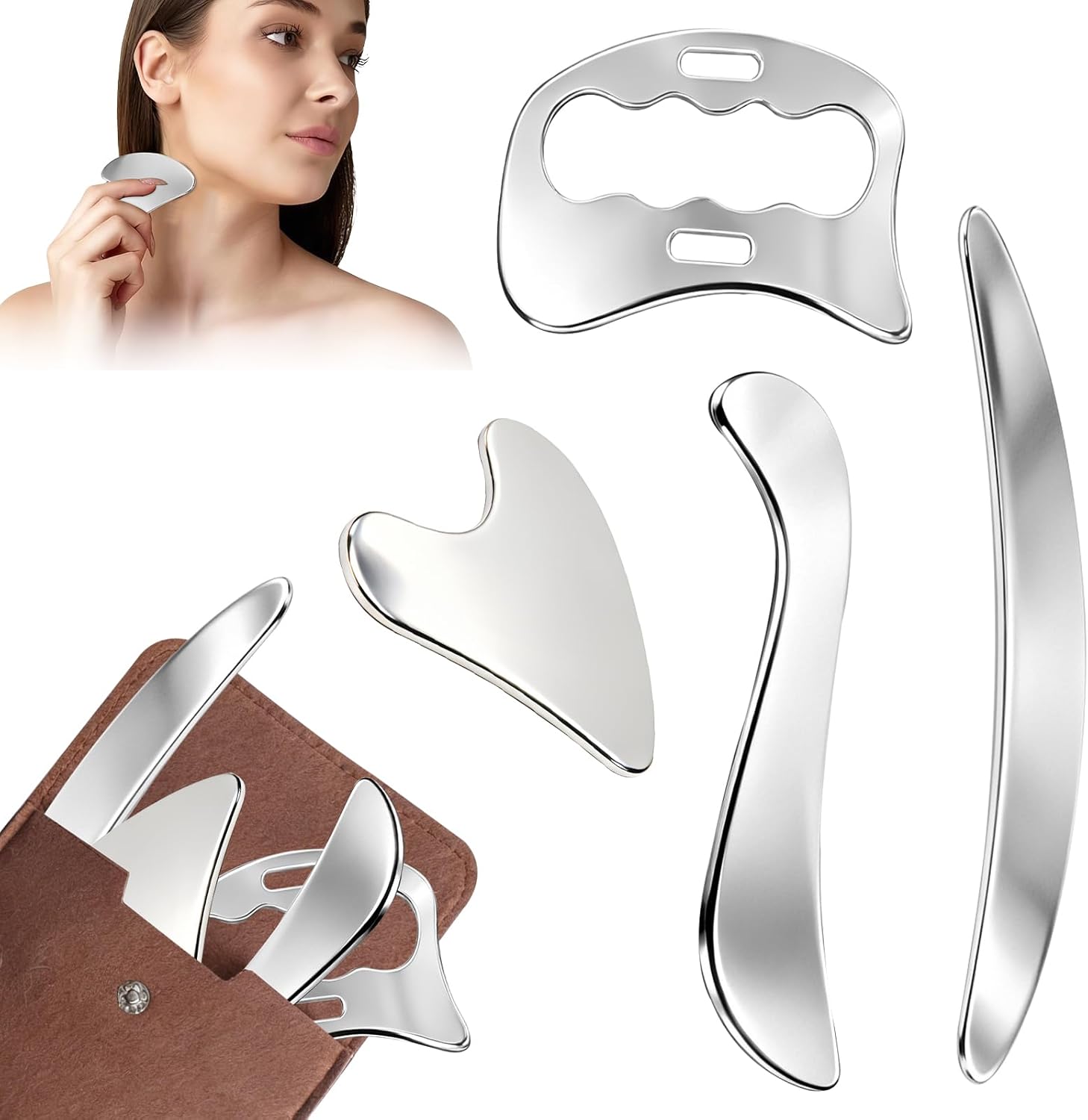 Detalle de INQUIRLLY ST-07478 4-in-1 gua sha massagetool van roestvrij staal