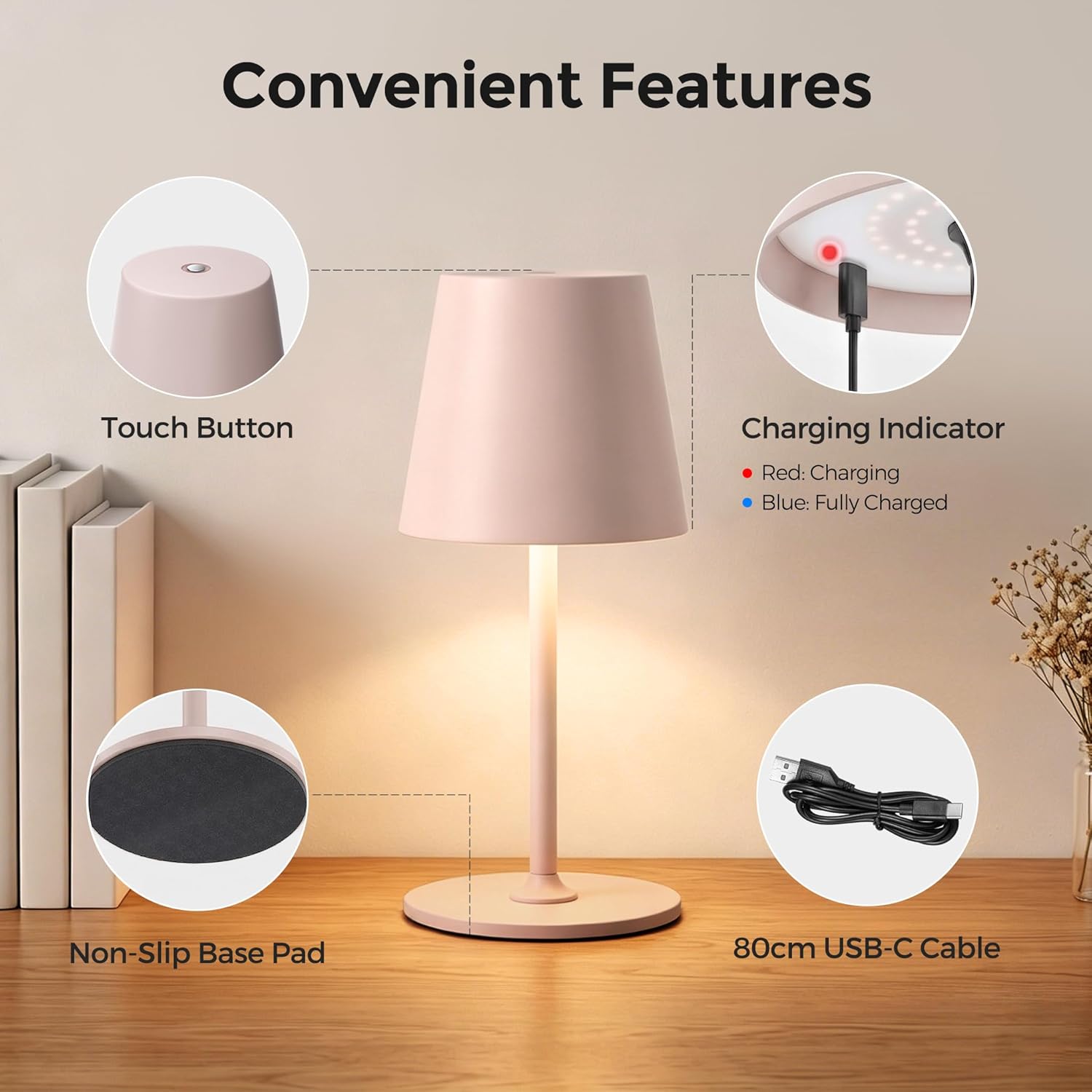 Detalle de UPXNBOR Rechargeable Table Lamp: 3-Color Stepless Dimmable LED Bedside Light