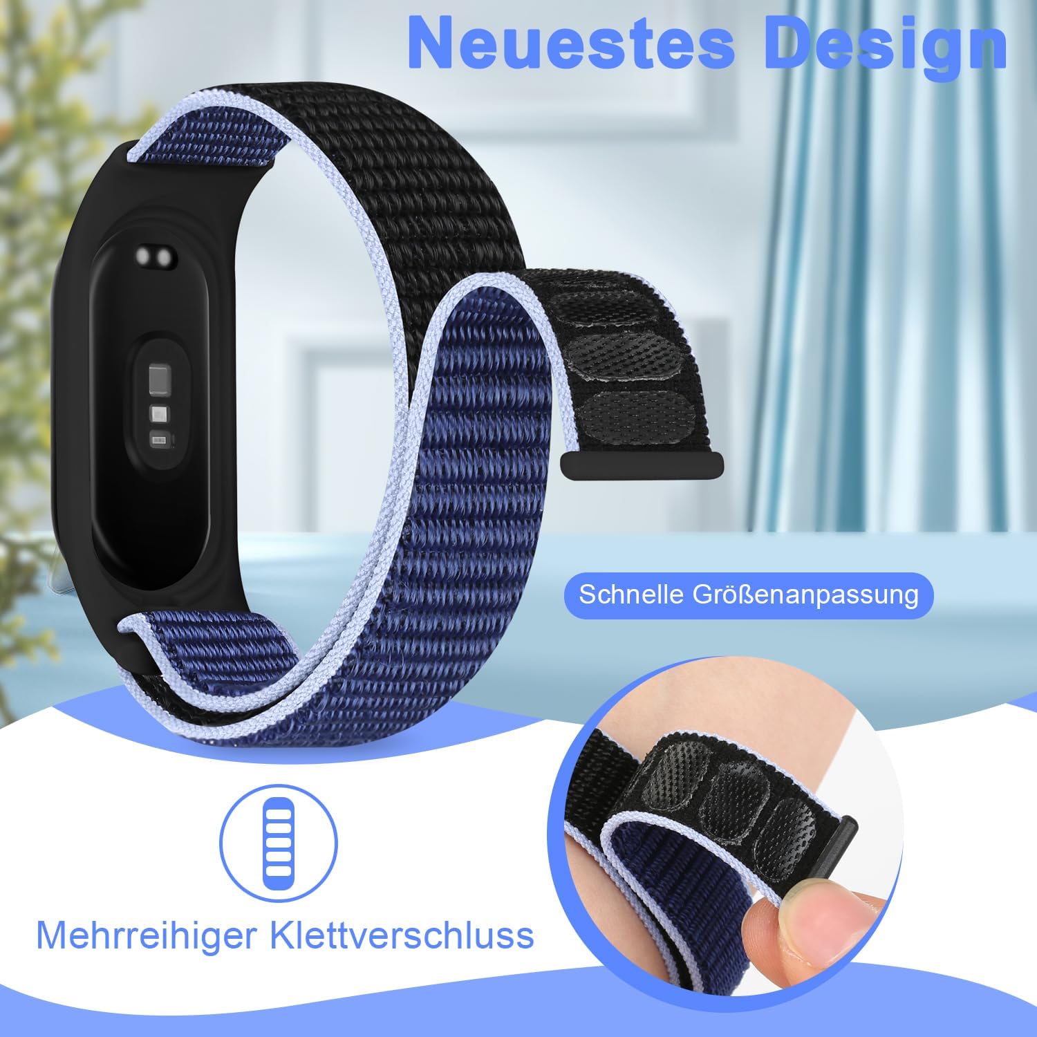 Detalle de Tiptops Nylonarmband kompatibel mit Xiaomi Mi Band 7/6/5/4/3 und Amazfit Band 5 – atmungsaktiv, verstellbar, Klettverschluss