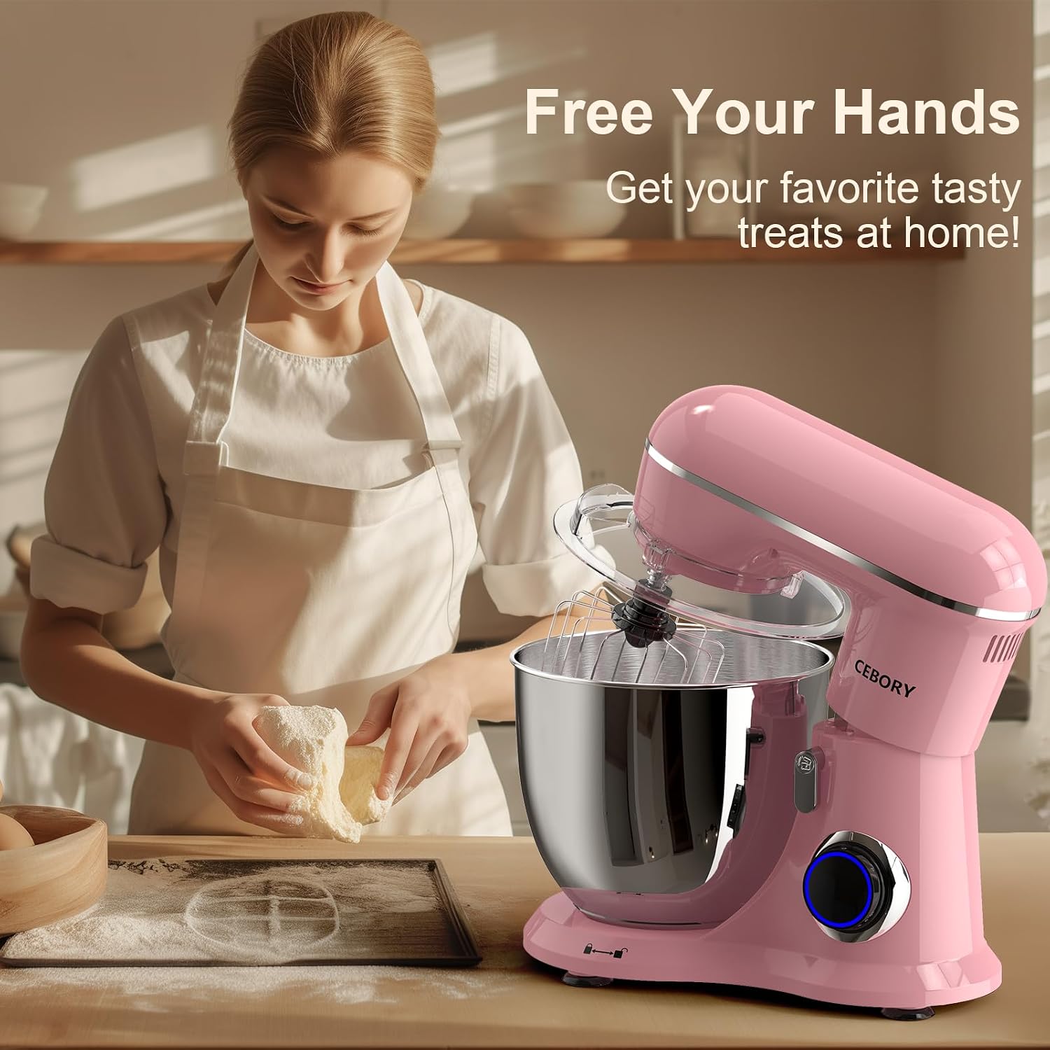 Detalle de CEBORY 3-in-1 Electric Stand Mixer: 6.5QT, 660W, 10-Speed with Dough Hook, Beater & Whisk (Pink)
