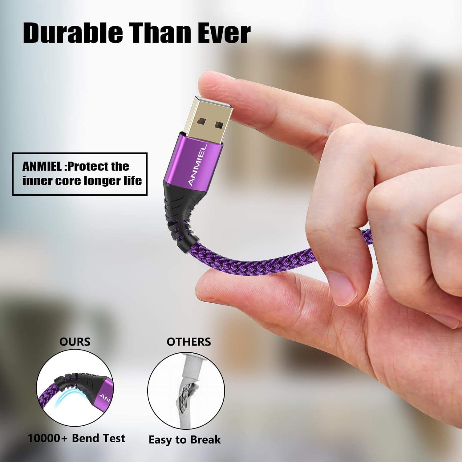 Detalle de ANMIEL USB‑C‑Kabel (2er‑Pack, 3 m) mit bis zu 3 A Schnellladung – lila, 10 ft Nylon geflochten