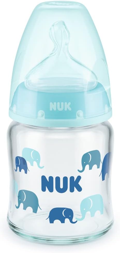 Detalle de NUK プレミアムチョイス ガラス製ほ乳びん 120ml ゾウ青・適温目盛付き