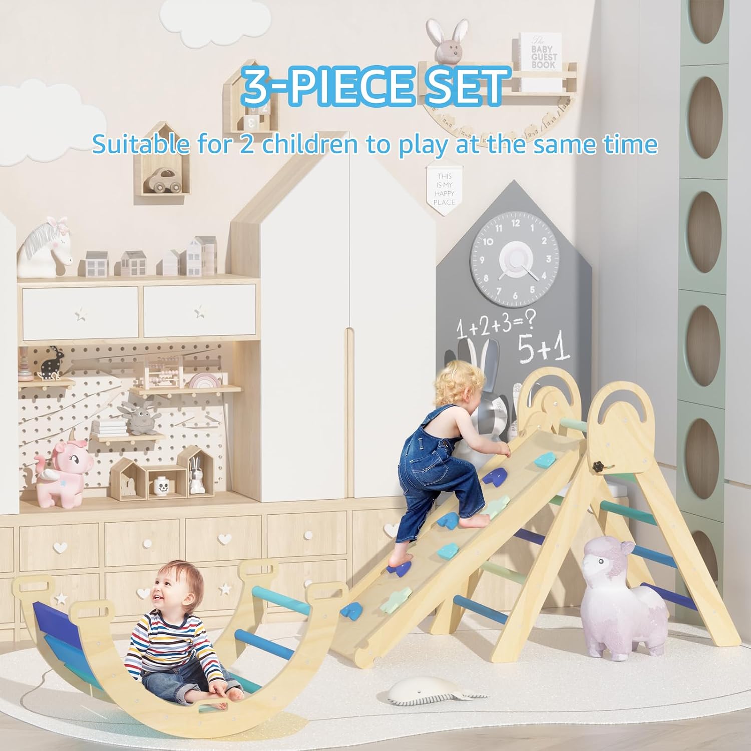 Detalle de investfun Pikler Triangle Set, Montessori Climbing Set for Toddlers (Blue-Nature)