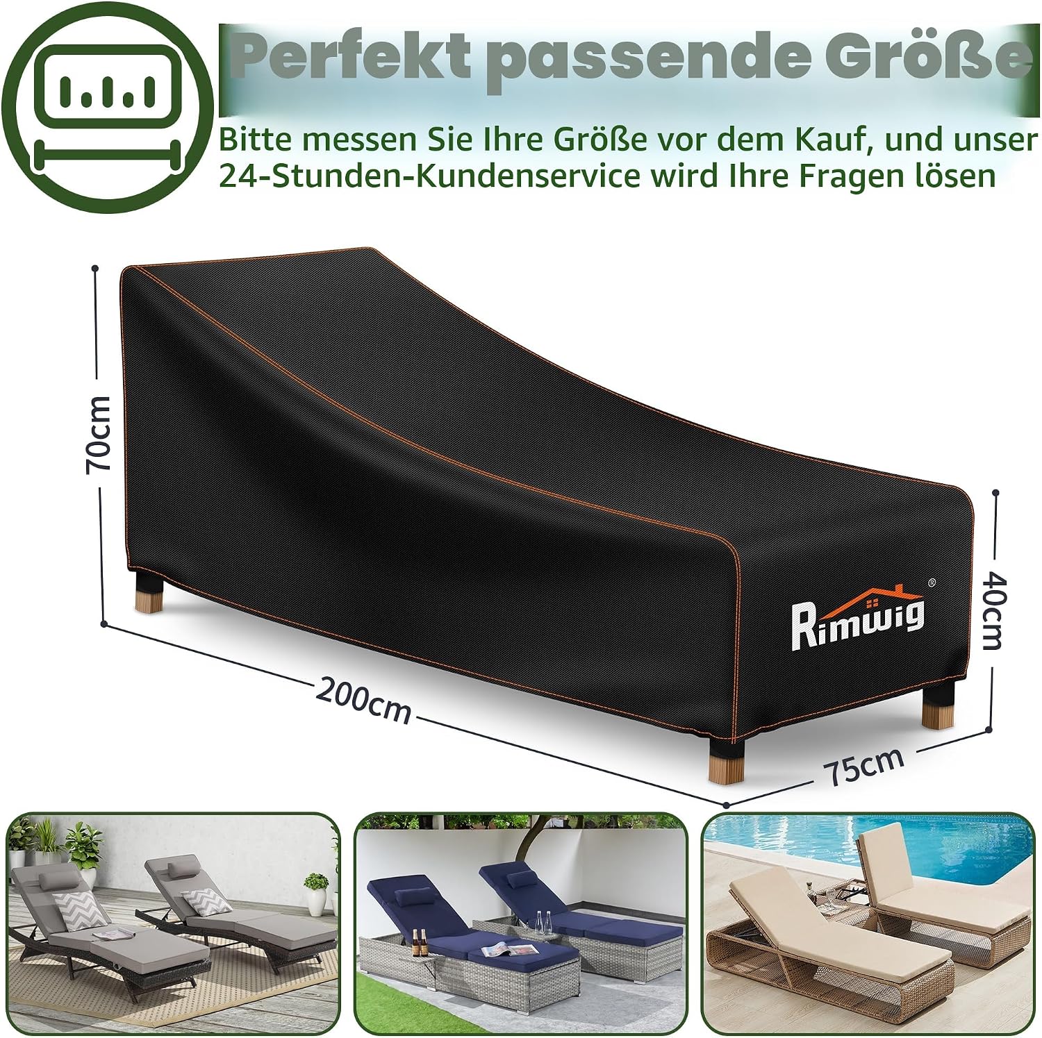 Detalle de Rimwig Gartenliege Abdeckung Wasserdicht – stabile Schutzhülle für Terrasse & Gartenliege 200x75x40/70 cm