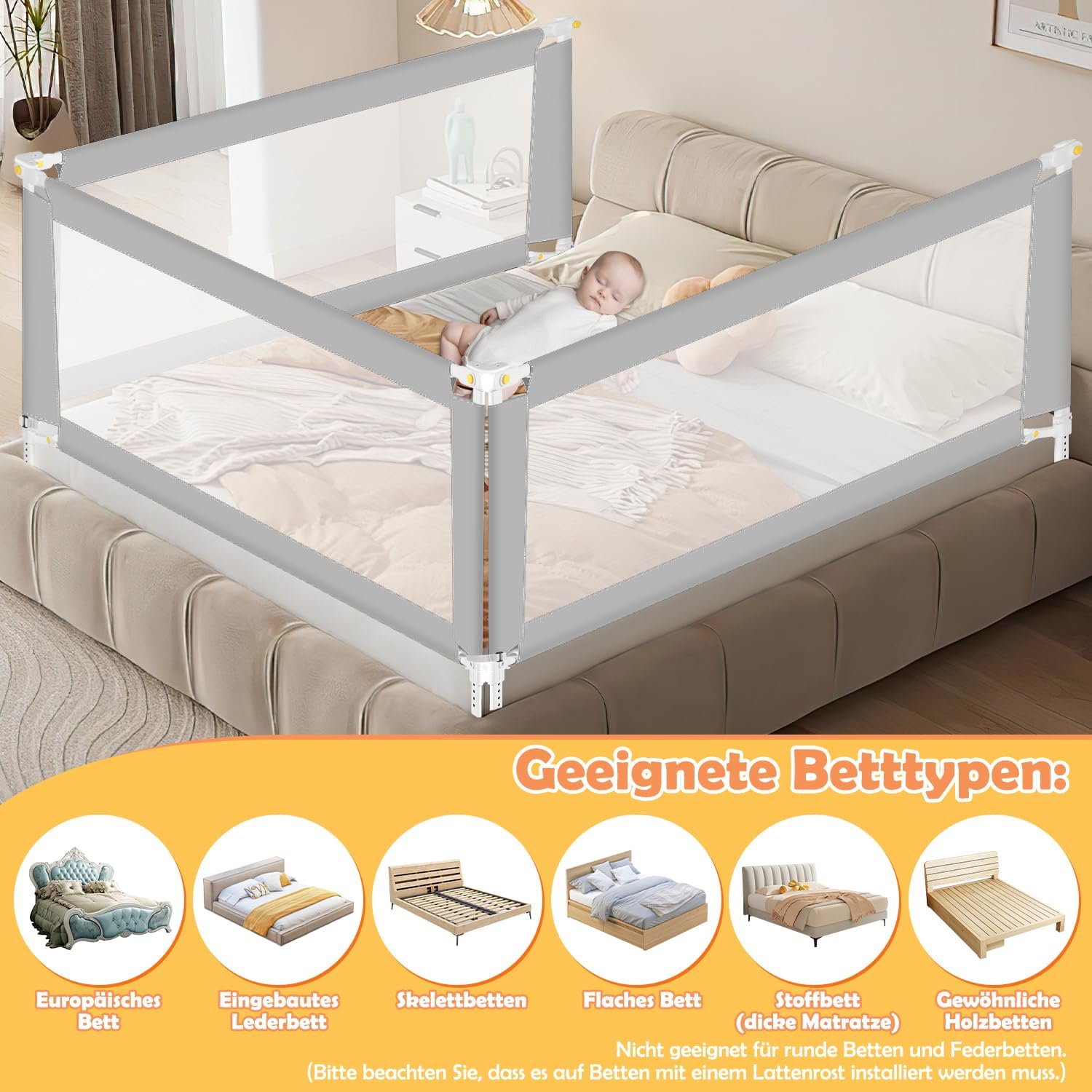 Thumbnail 5 de Ikodm Bettgitter Klappbar mit U-förmiger Basis – höhenverstellbar 68–95 cm, 200 cm + 180 cm (Grau)