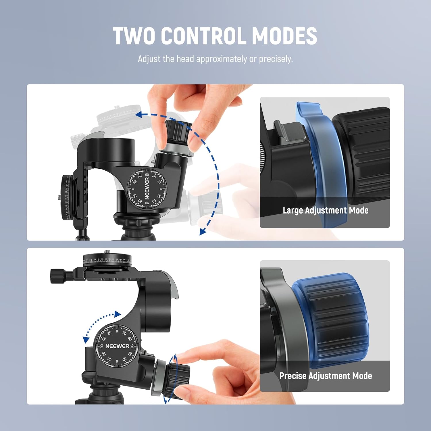 Thumbnail 2 de NEEWER TH15 3-Way Geared Tripod Head with Gears – 3-Axis Pan Tilt in Aluminium