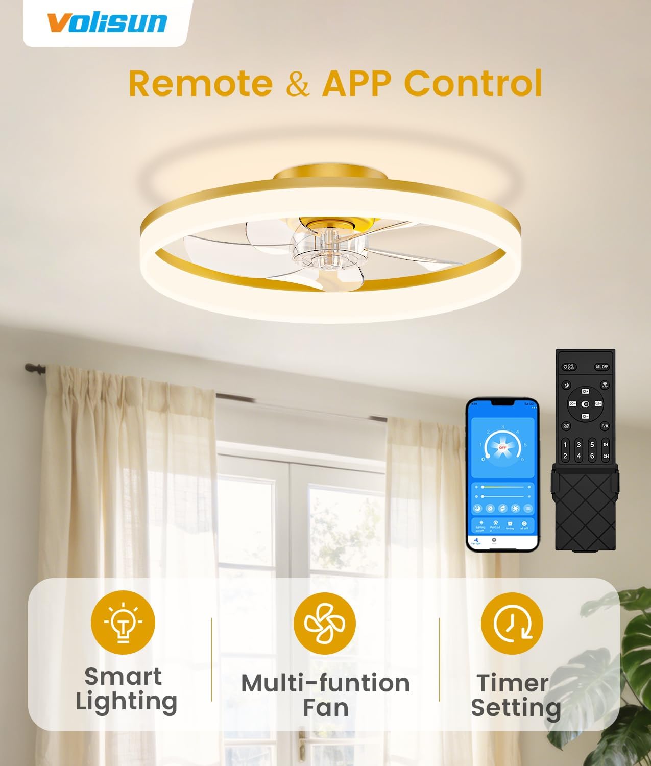 Detalle de VOLISUN 21171ZM Low-Profile Ceiling Fan with Light, Remote, and Gold Finish