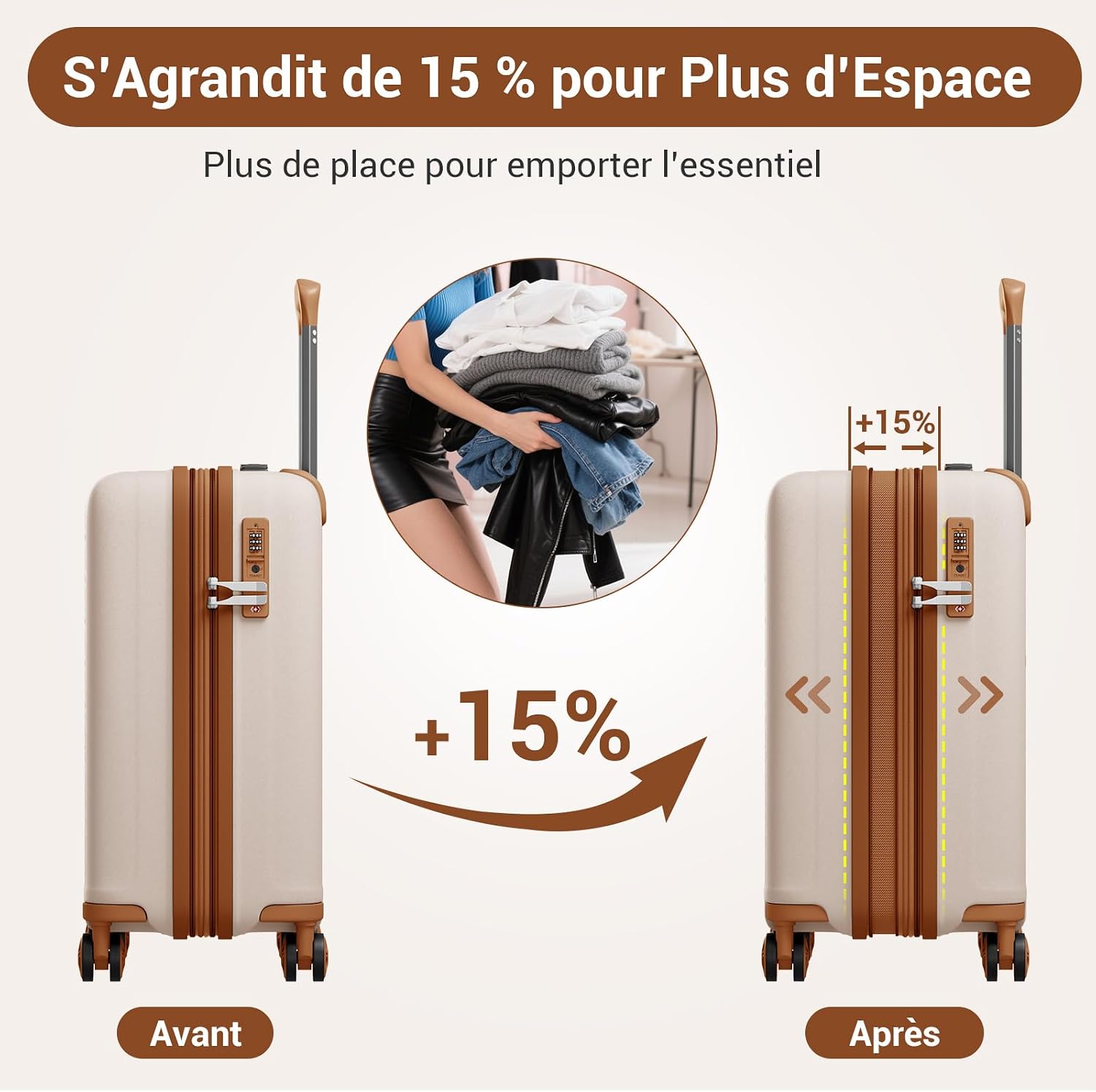 Detalle de Kono valise cabine extensible rigide en polypropylène avec 4 roulettes et serrure TSA (crème/marron)