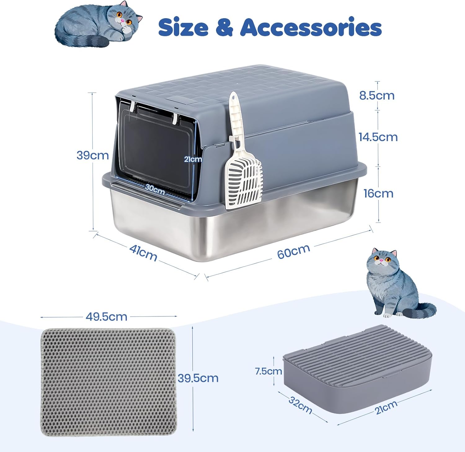 Detalle de Jumbo Stainless Steel Cat Litter Tray XXL 3-in-1 Enclosed Box with 120° Flip Lid – Grey