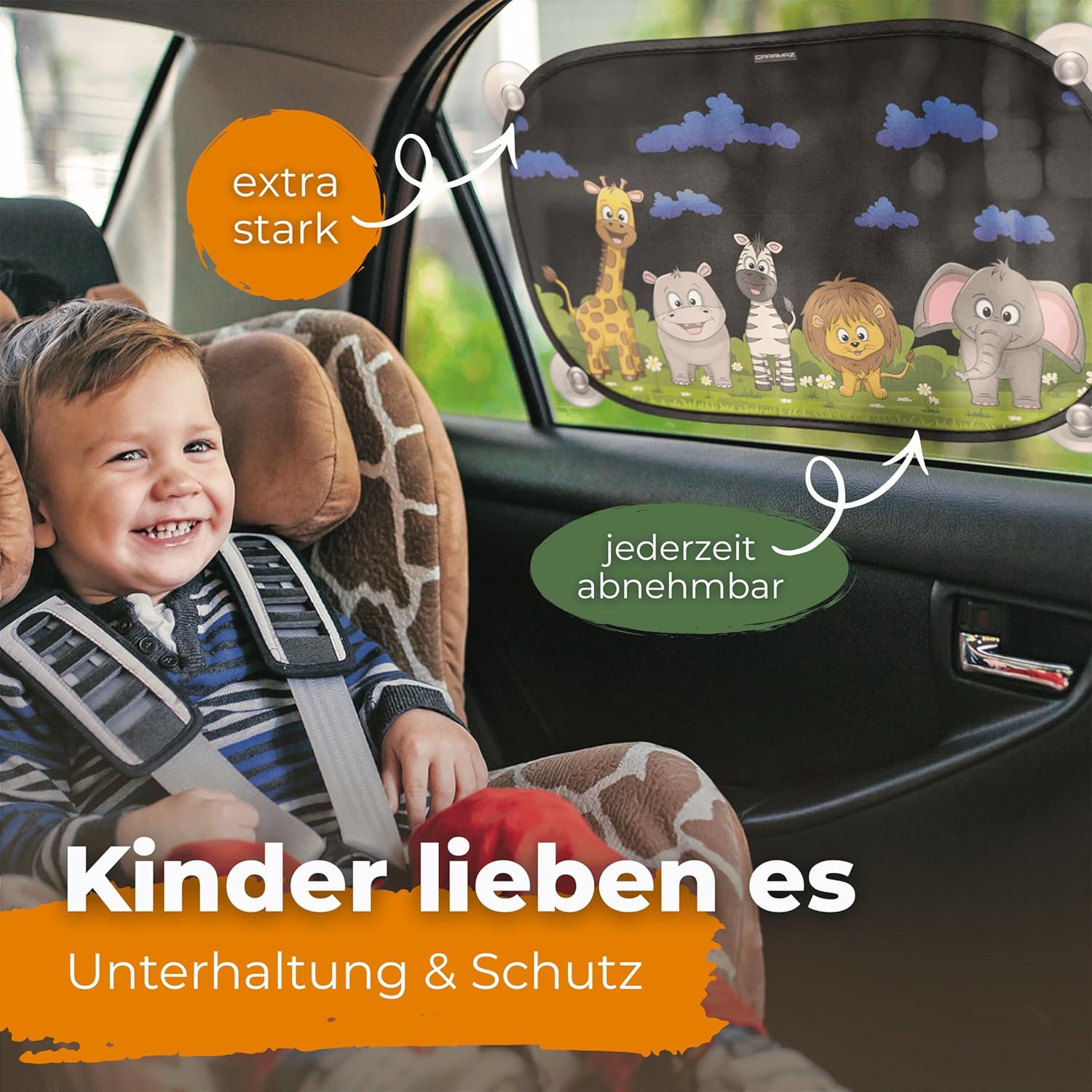 Thumbnail 1 de CARAMAZ Sonnenschutz Auto Baby mit zertifiziertem UV-Schutz – universell passend, 48 x 30 cm, 2 Sonnenblenden mit Saugnäpfen (Motiv: Blau-Tiere)