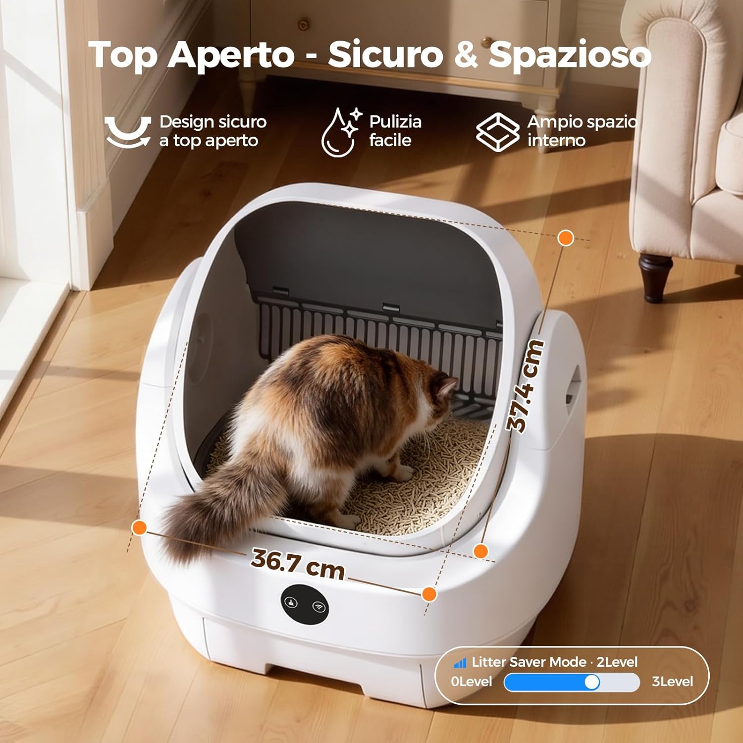 Detalle de Lettiera Gatto Autopulente Aperta Ellenpent: silenziosa, controllabile da app e con gestione degli odori