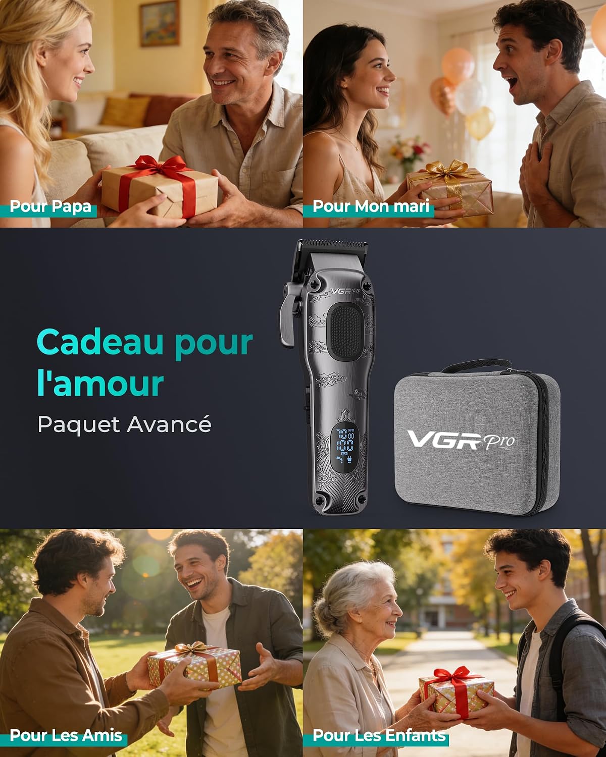 Detalle 2 de VGRPRO Tondeuse Cheveux Hommes Professionnel — Sans Fil, Étui et Kit Complet (Gris)