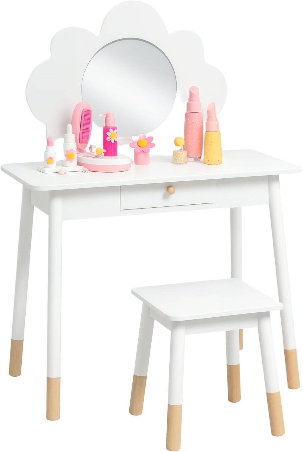 AIYAPLAY Ensemble coiffeuse enfant 2 pièces avec tabouret et miroir nuage (blanc) pour 3 à 6 ans