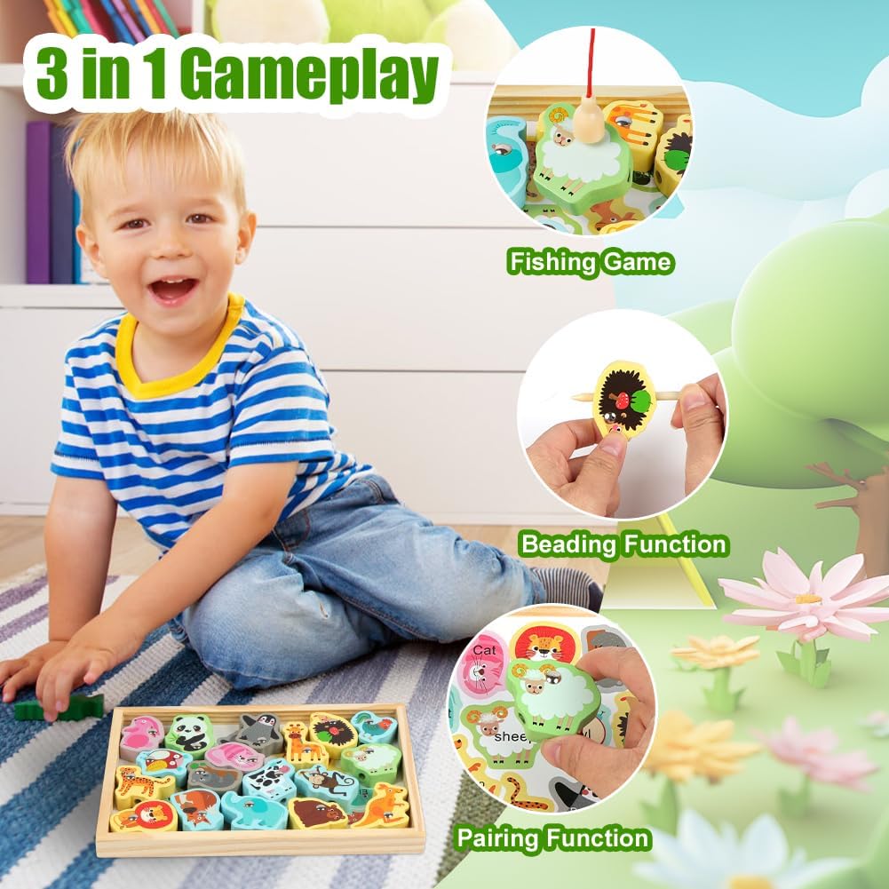 Thumbnail 3 de Vicloon Wooden Fishing Game (19 pcs) – magnetic fishing and bead stringing Montessori-style toy for kids 3+