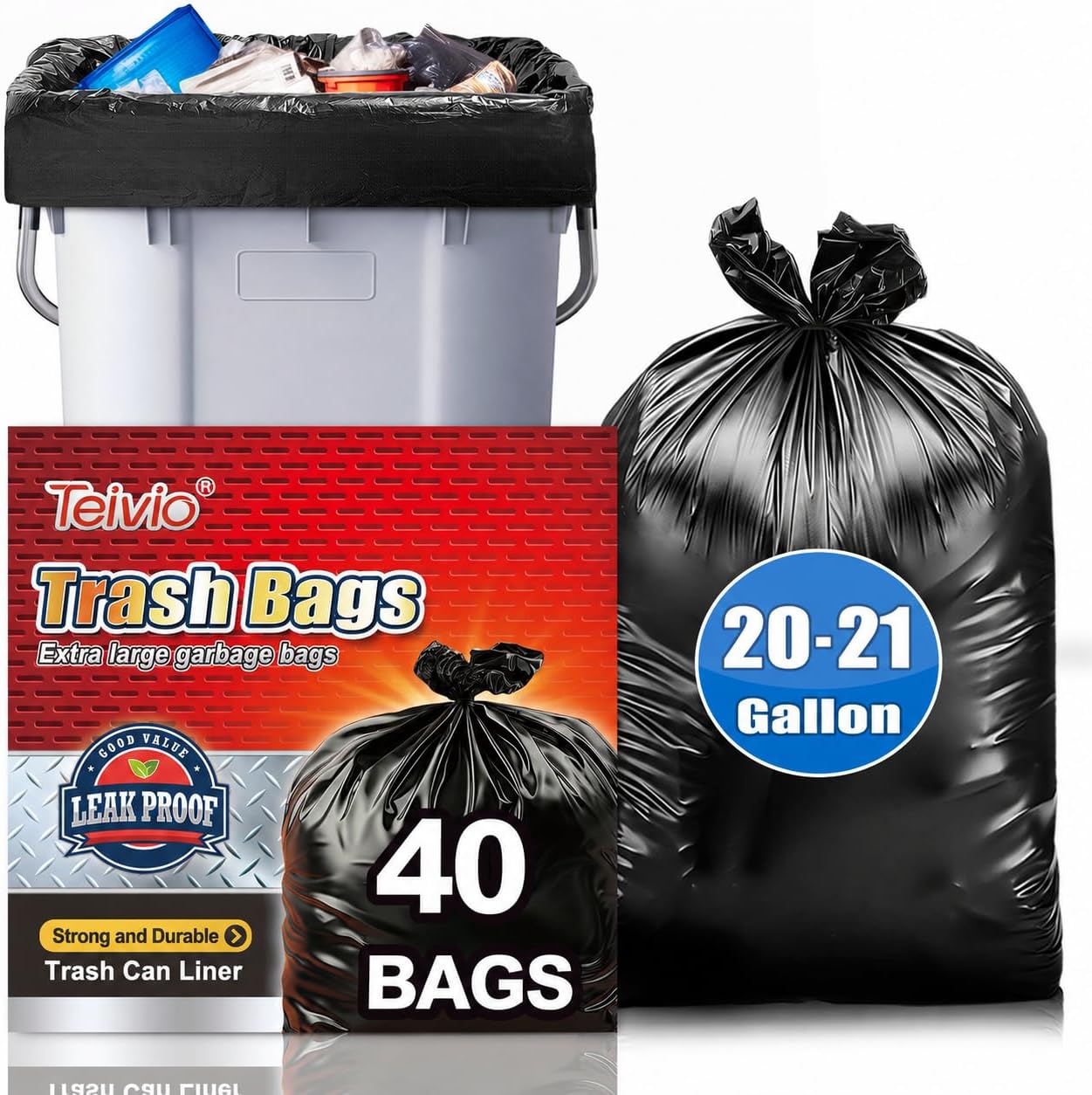 Detalle de Teivio 20–21 Gallon Trash Bags, 40 Count, Black HDPE with Star-Seal Bottom