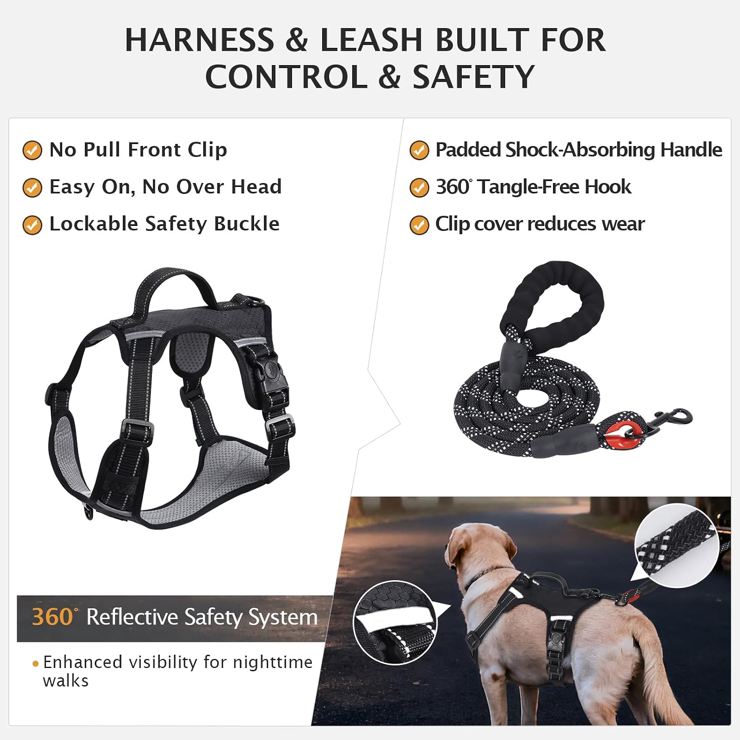 Thumbnail 2 de IEUUMLER No Pull Dog Harness, Reflective Front Clip Vest with Leash, Car Seat Belt, Backup Strap and AirTag Accessory Slot (Size M, Black)