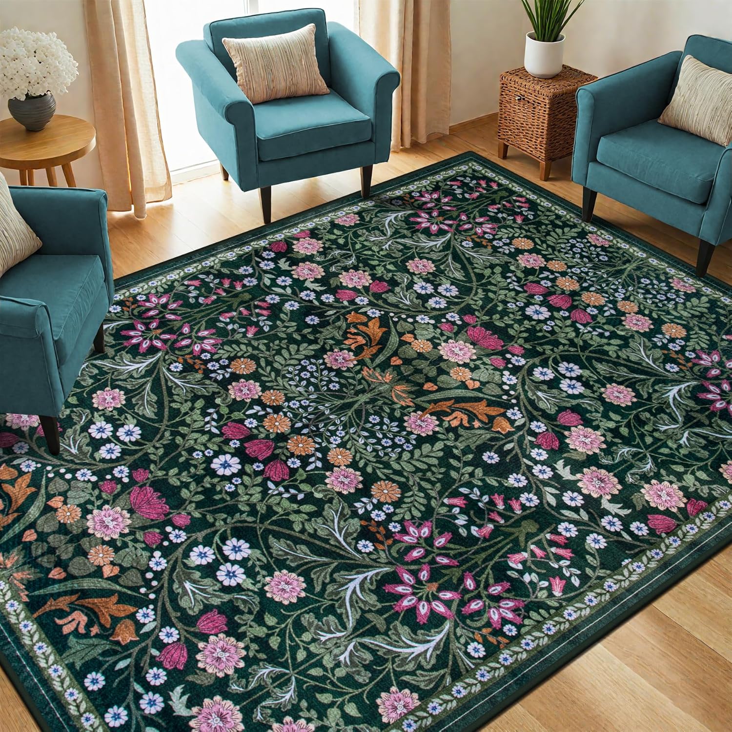 Thumbnail 1 de PLHXFR 6x9 Floral Washable Area Rug (Vintage Boho, Non-Slip, Stain Resistant)