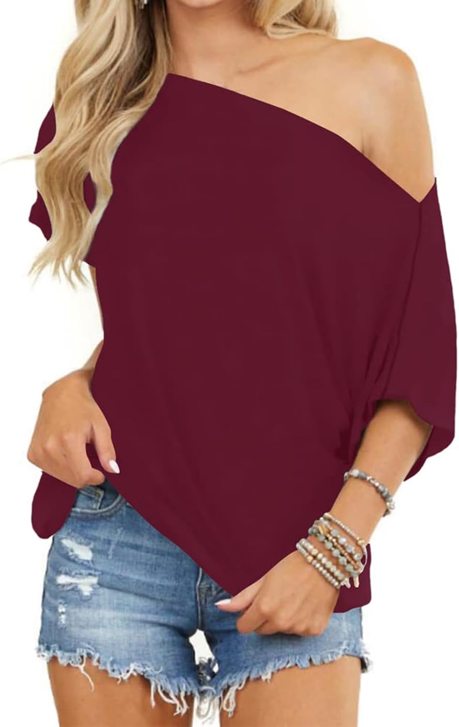 Detalle de Eniloyal Damen Schulterfreies Oversize T-Shirt – lockeres Sommer-Top mit Fledermausärmeln
