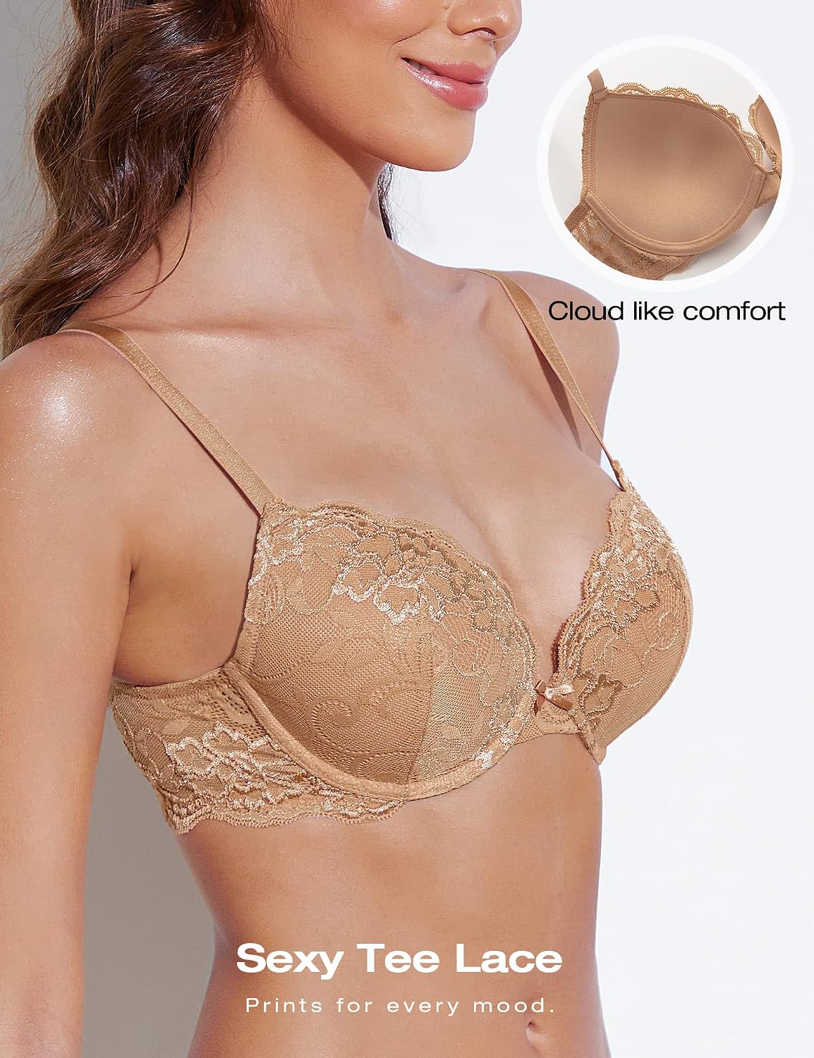 Detalle de Deyllo Women's Floral Lace Push-Up Bra, Padded Underwire, Add-One-Cup Style