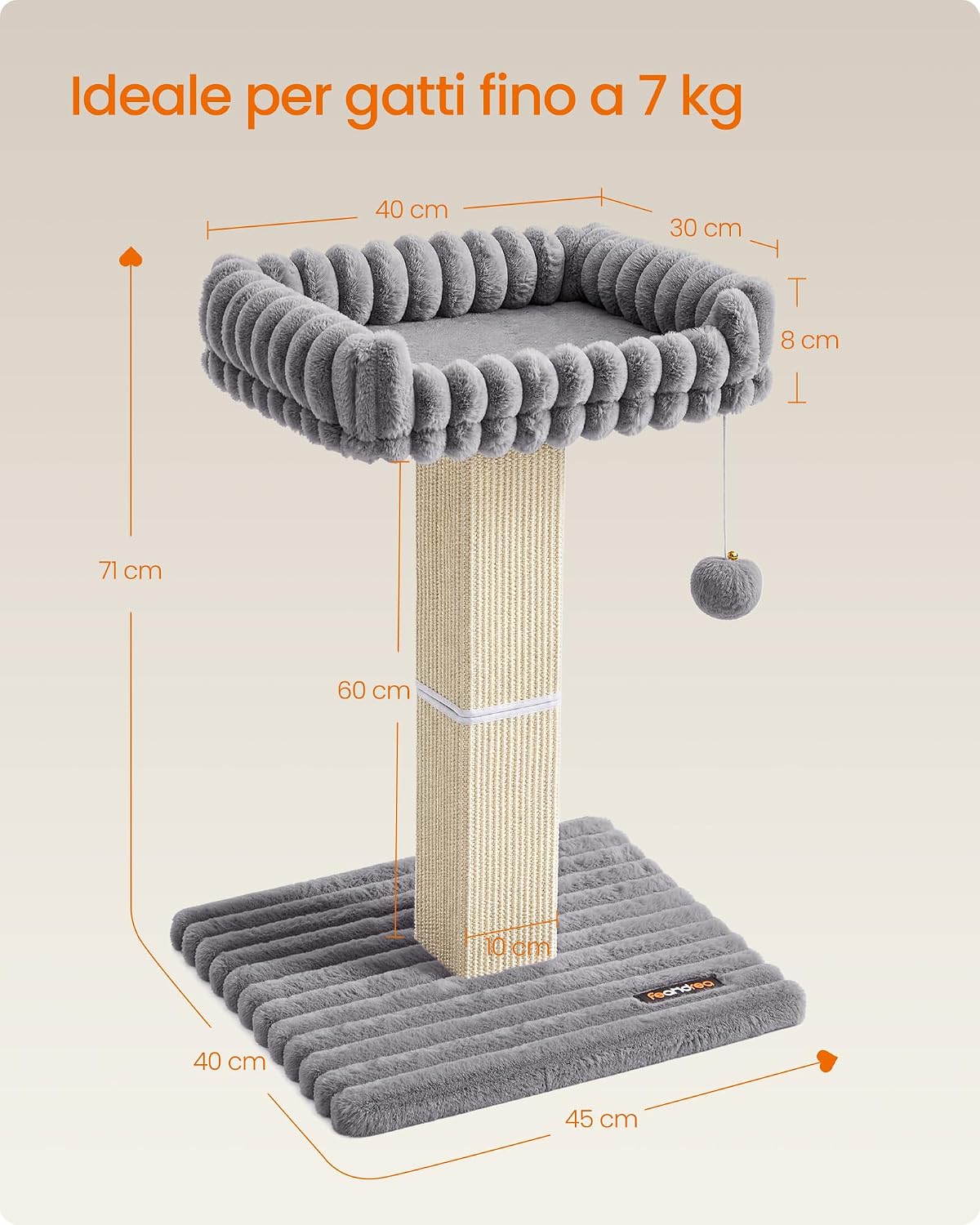 Thumbnail 5 de Feandrea Tiragraffi per Gatti Adulti – Colonna in Sisal con Piattaforma Lavabile (Grigio, 45 x 40 x 71 cm) – Collezione CLAWFY PCA022G201