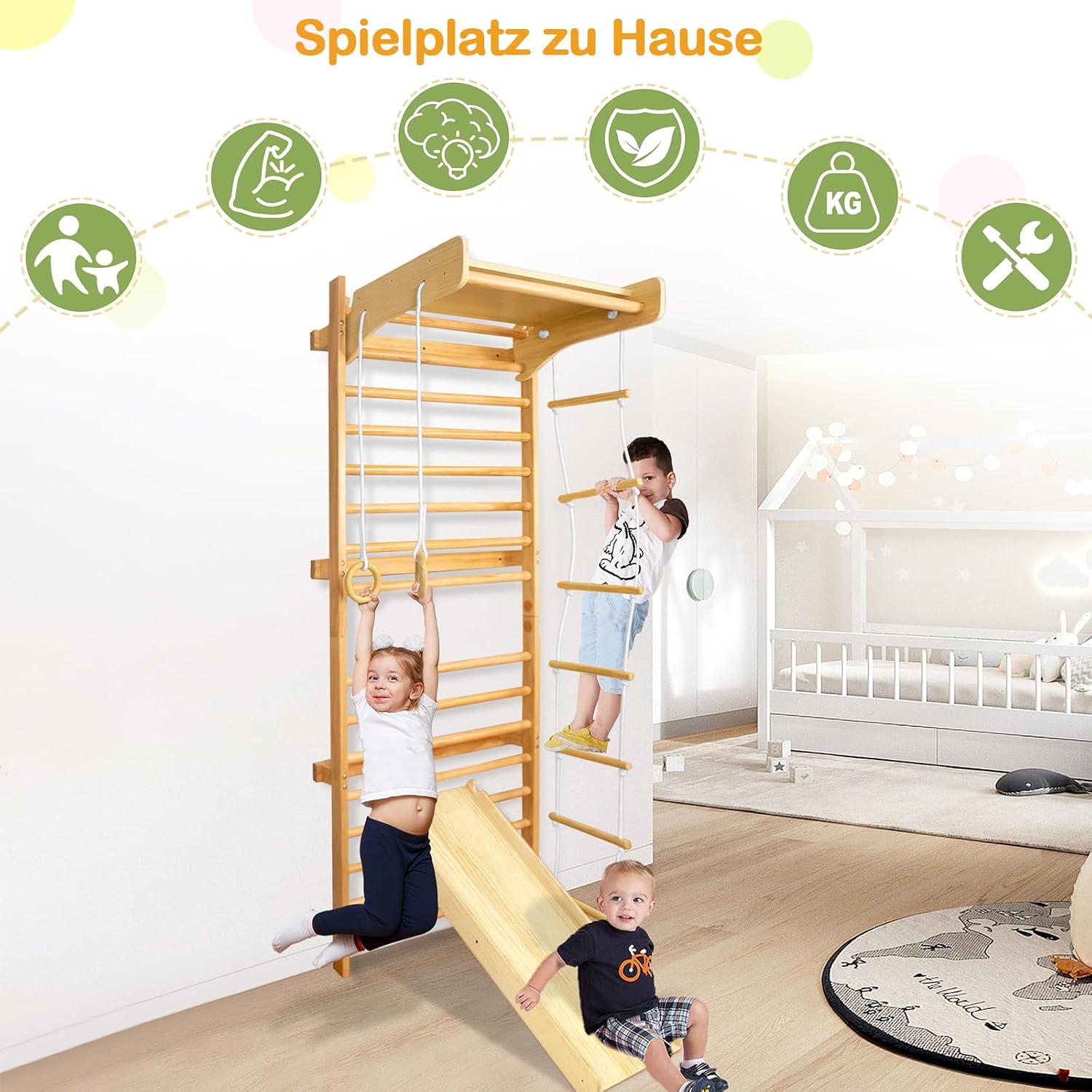 Detalle de LARS360 Multifunktions Sprossenwand Set – Holz-Klettergerüst für Kinder ab 3 Jahren