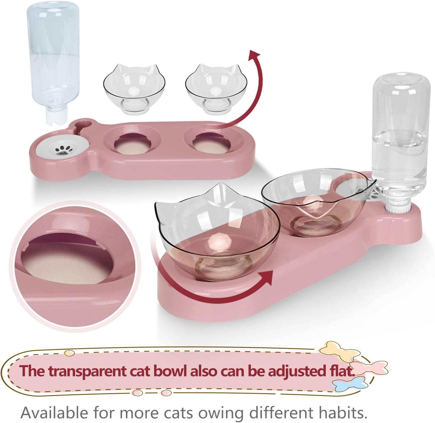 Detalle de Tilted 15° Cat Bowl with Stand and Gravity Water Feeder (Pink)