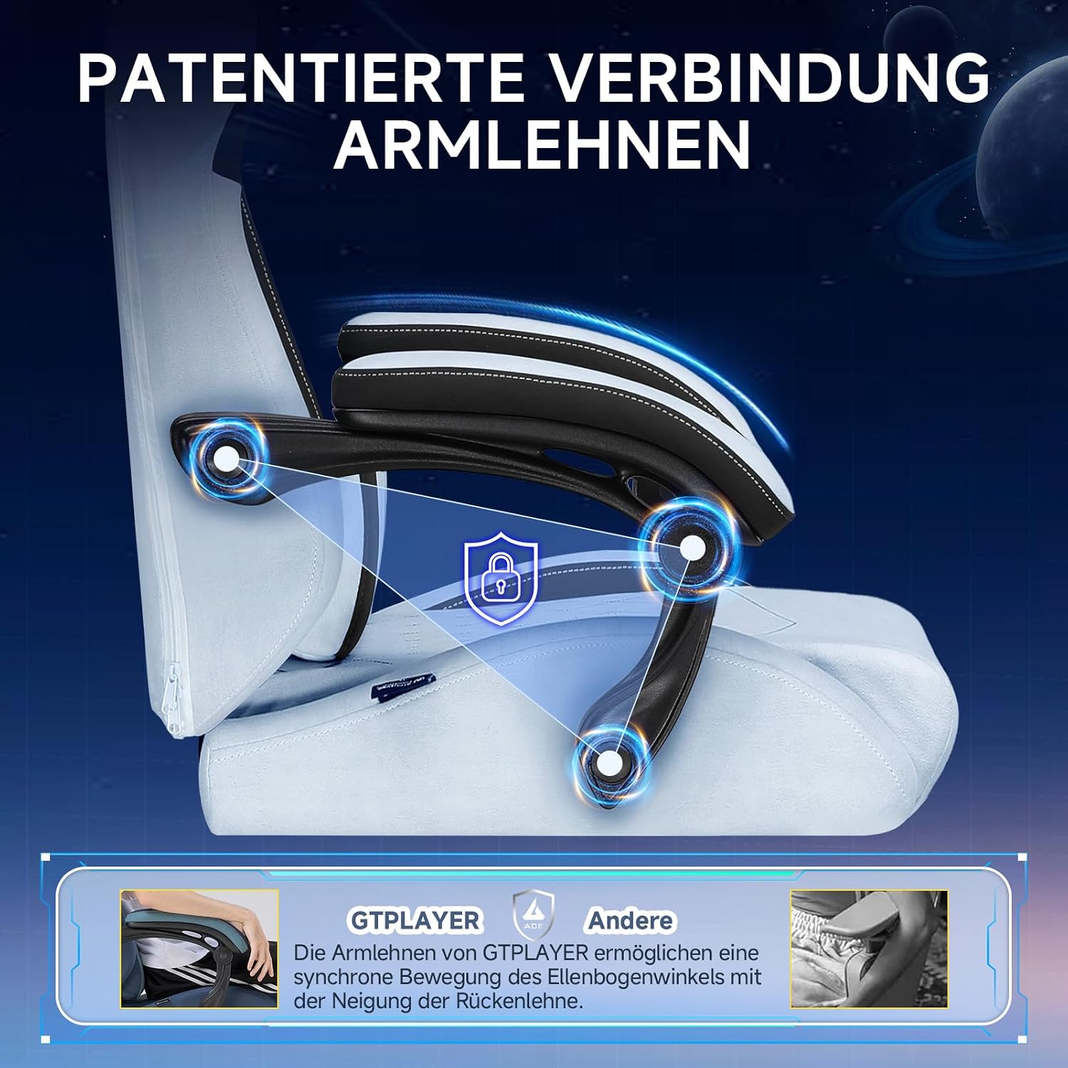 Thumbnail 5 de GTPLAYER Sedia da gaming ergonomica in velluto azzurro con supporto lombare, schienale 150° e poggiapiedi