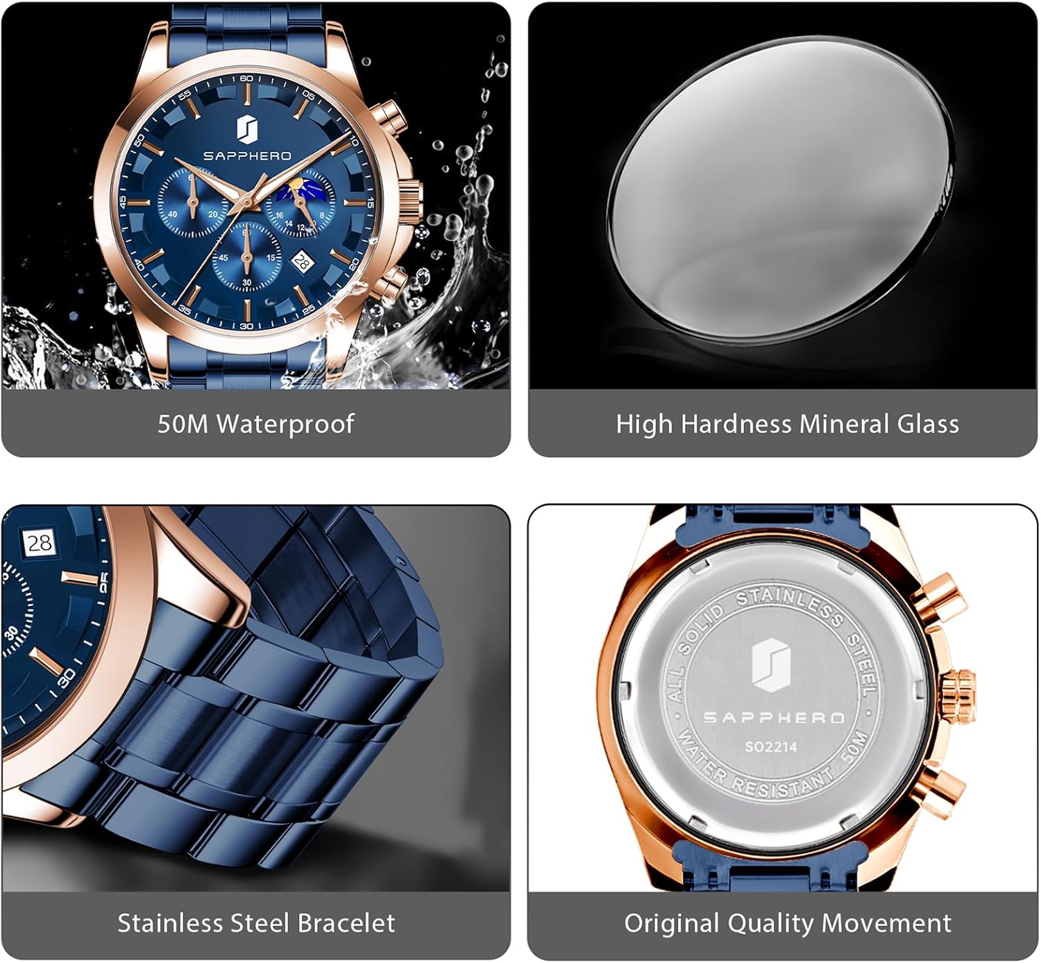 Thumbnail 4 de BENYAR BY Orologio da uomo al quarzo analogico in acciaio inox con cinturino marrone e cronografo – stile raffinato per ogni occasione