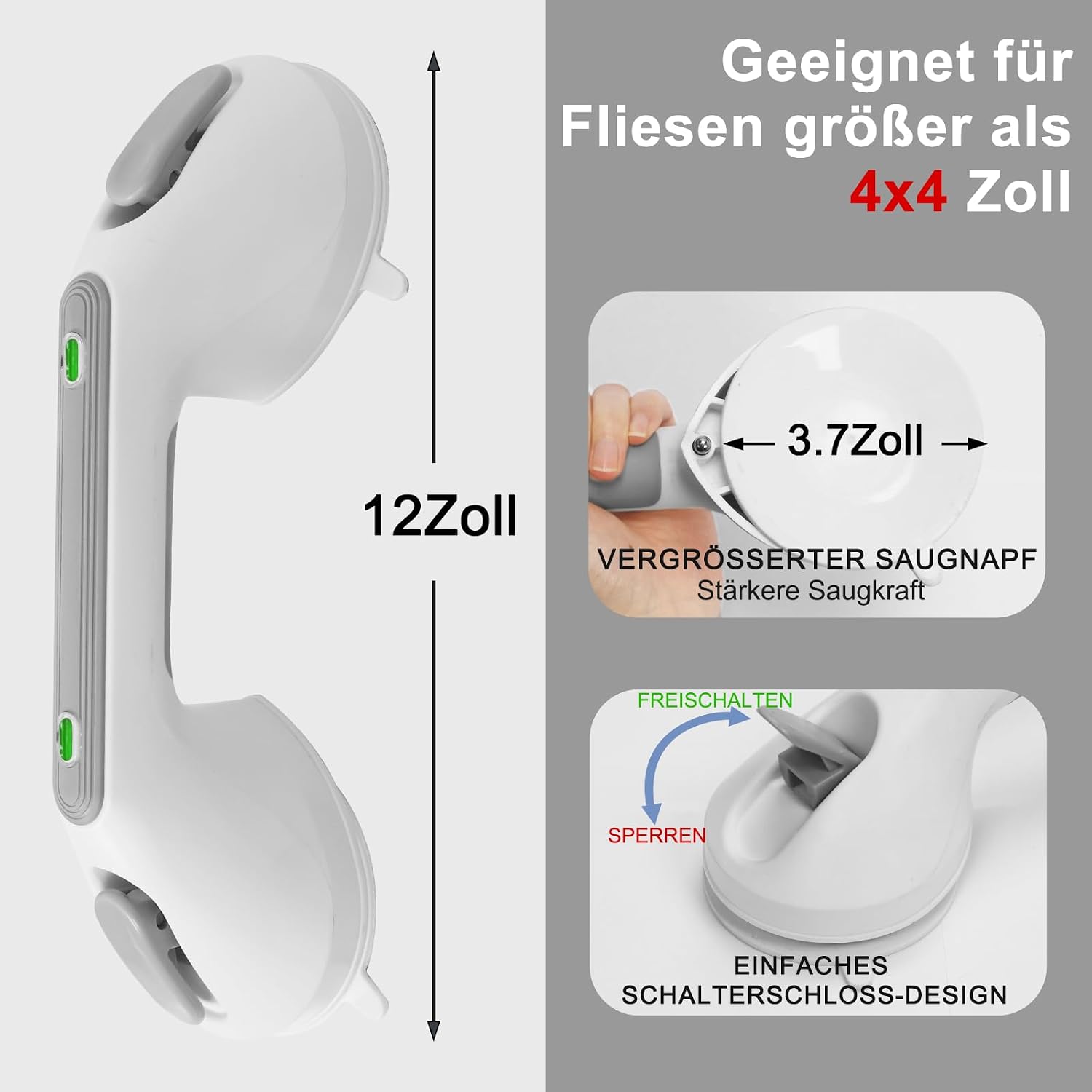 Detalle de Newthinking Haltegriff mit Saugnapf – 30 cm, 2 Stücke für Dusche und Bad