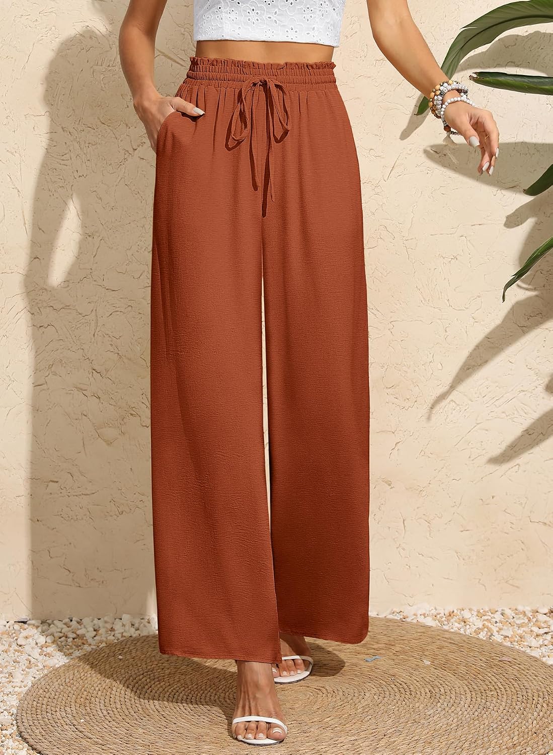 Detalle de BEIGAI Damen Palazzo-Hose mit hoher Taille, weitem Schnitt und Taschen – locker-gerade, dehnbar fürs Lounge- & Alltagsoutfit