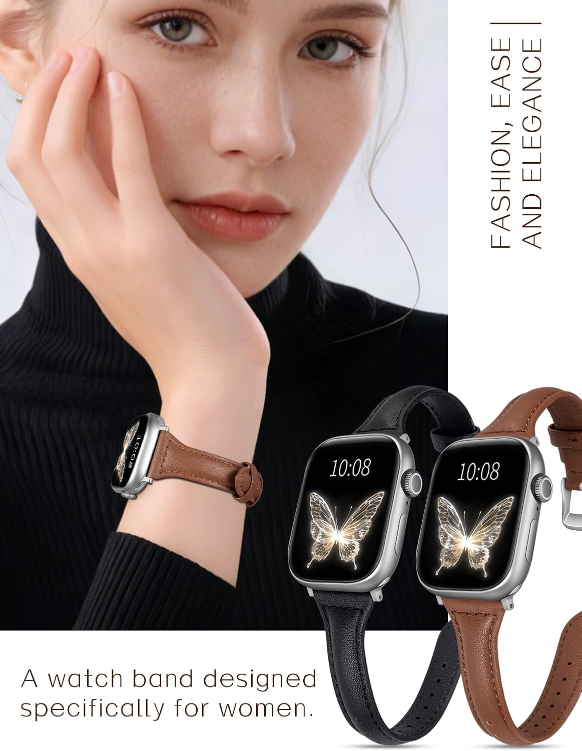 Detalle de Wkiss 2-Pack Slim Leather Bands for Apple Watch (38–46mm)