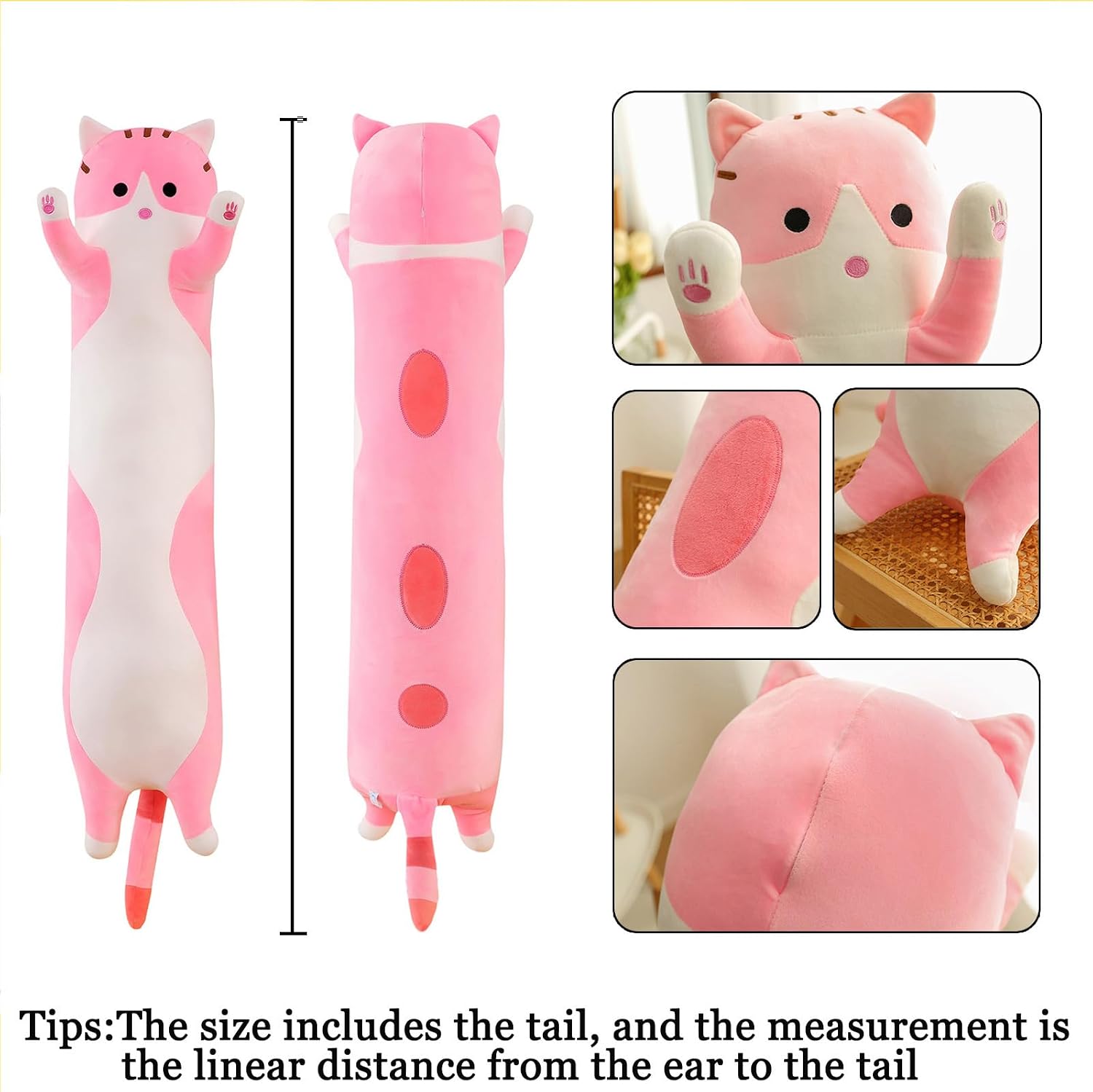 Detalle de Aiuidun Lange Katze Kuscheltier – 90 cm Pinkes Plüschkissen