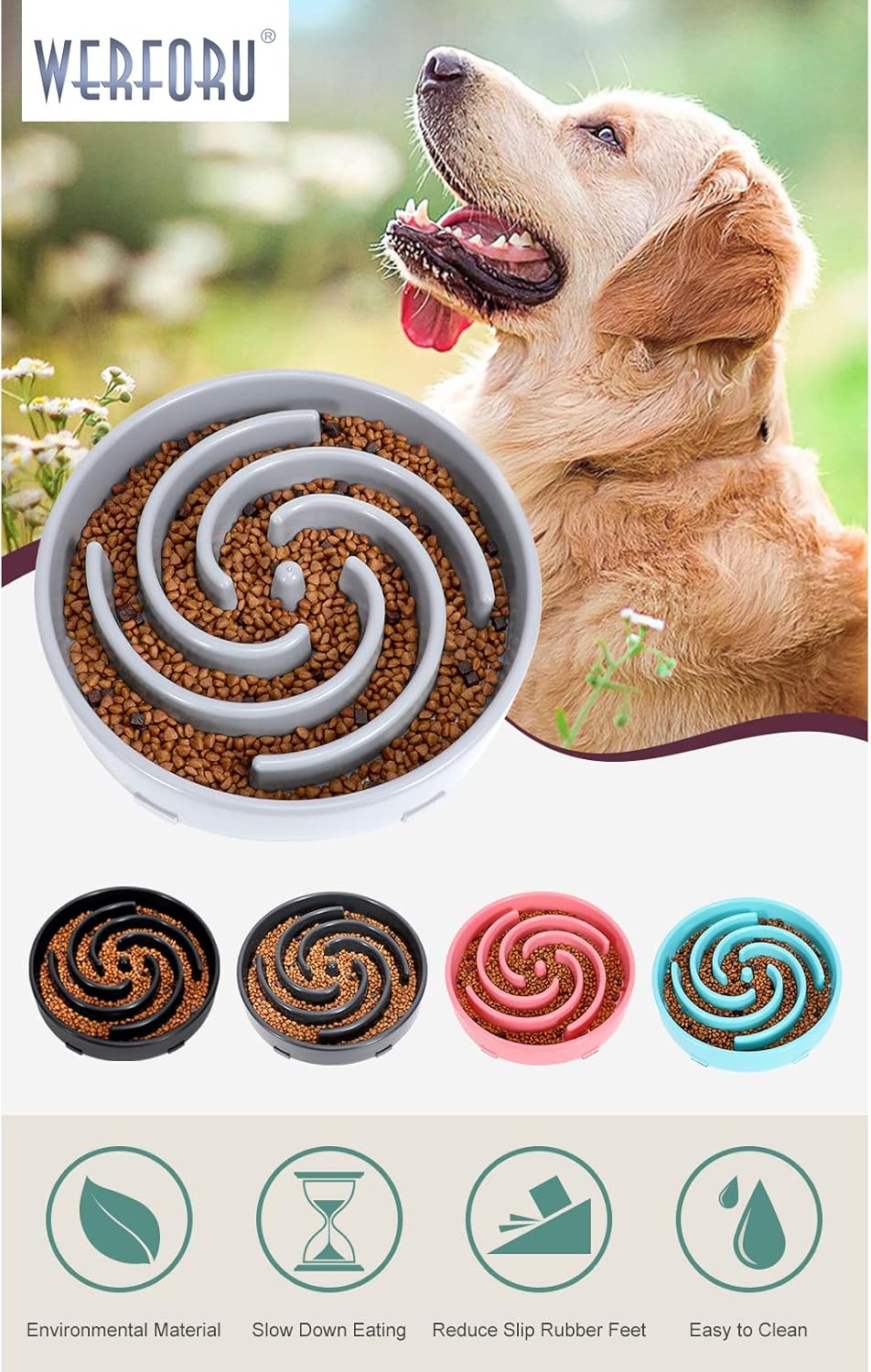 Thumbnail 6 de Large Pet Slow Feeder Dog Bowl – Spiral Maze, Non-Slip, Light Grey