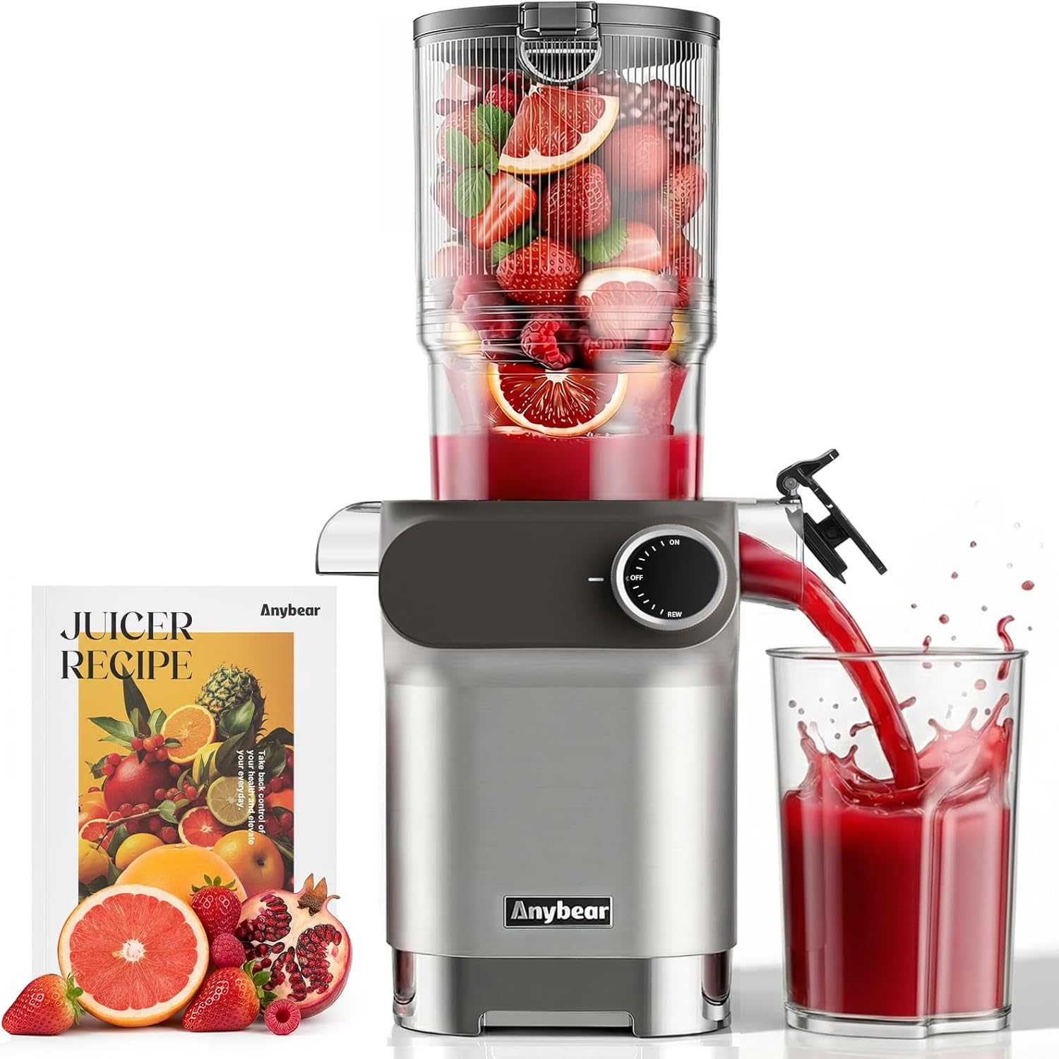Anybear Slow Juicer 200W mit 110-mm-Einfüllschacht (Kaltentsafter), Tritan-Material & BPA-frei – inkl. Saftrezepte