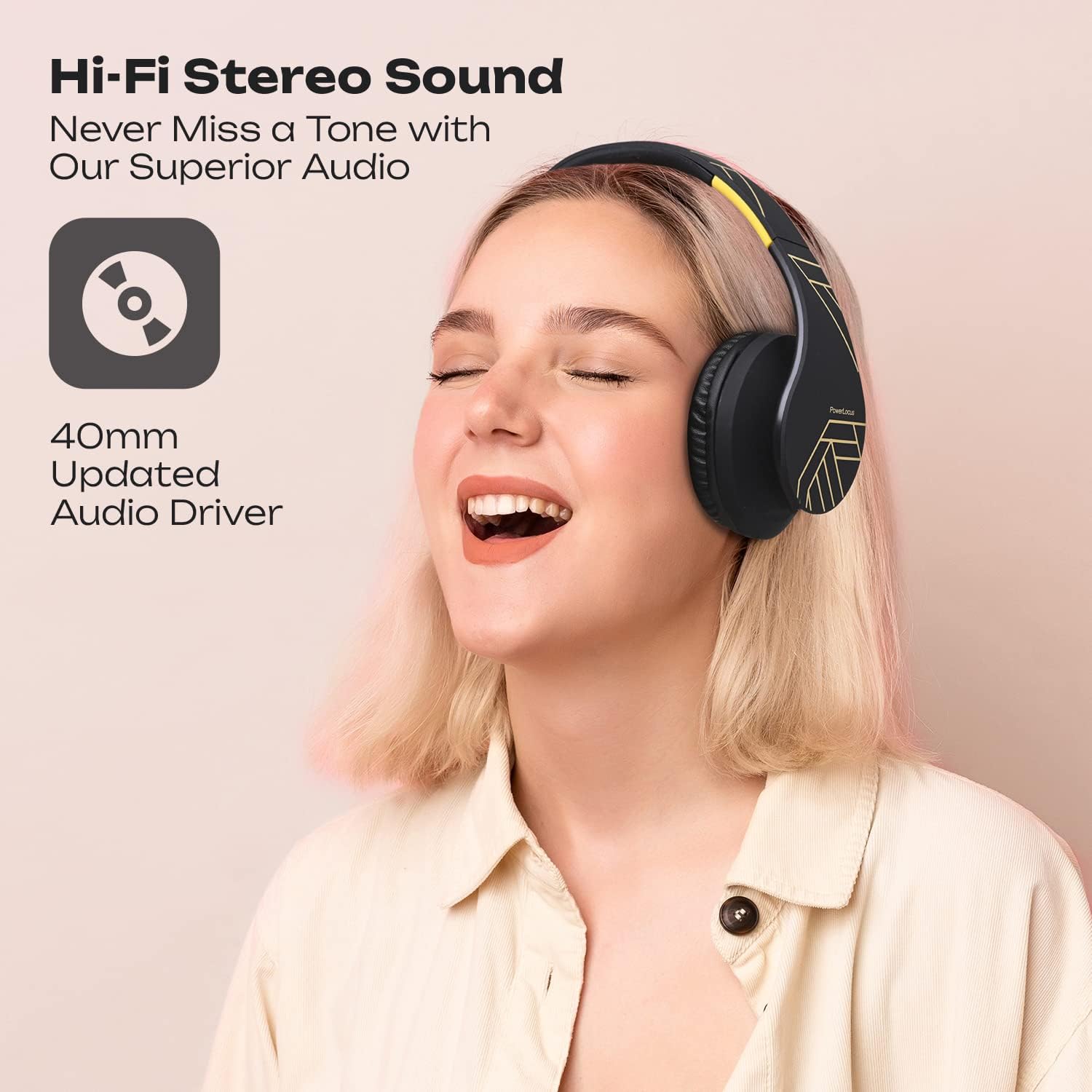 Detalle de PowerLocus Bluetooth Over-Ear Headphones (Black/Yellow) with Mic, Foldable Design, Micro SD/TF and Wired Mode
