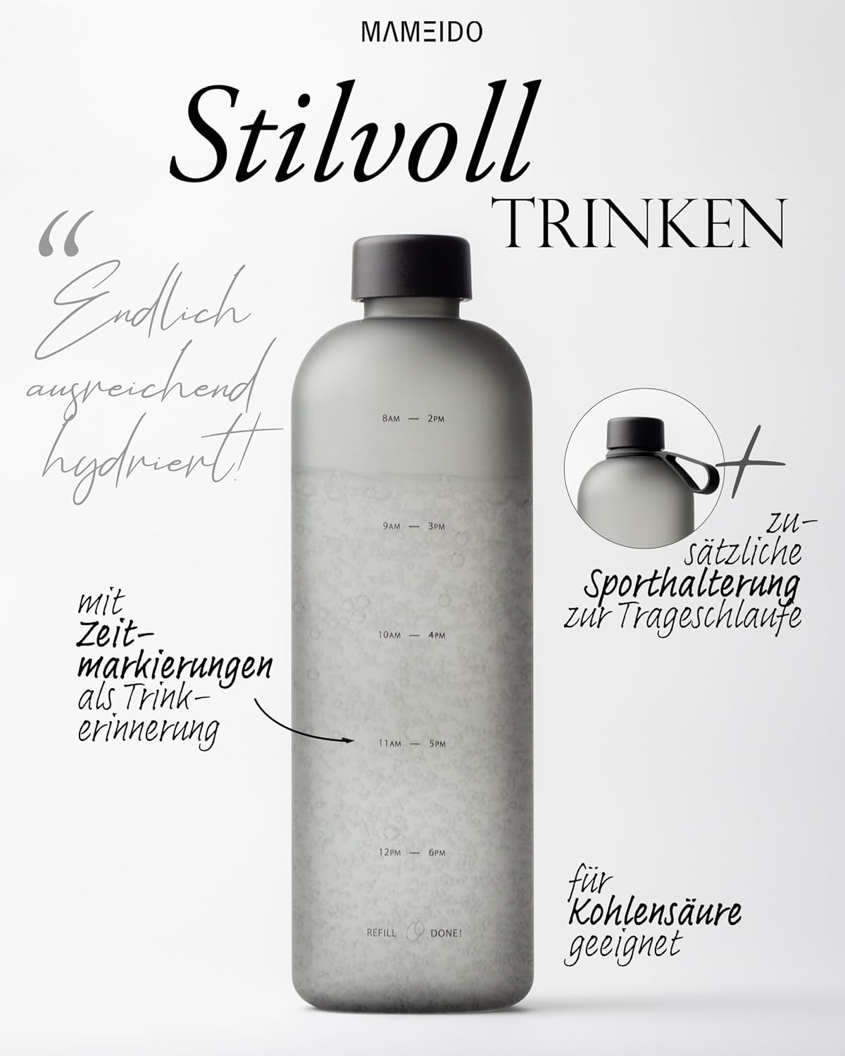 Detalle de MAMEIDO Trinkflasche mit Zeitmarkierung, 1,5 l – BPA-frei, auslaufsicher und kohlensäuregeeignet (Carbon Grey)