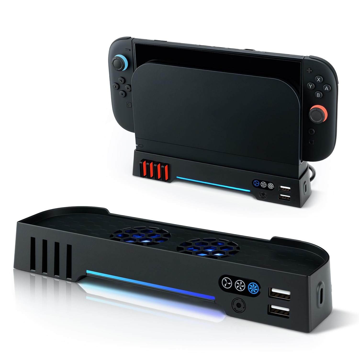 Detalle de Mcbazel Switch 2 Dock Kühlventilator-Ständer mit RGB, 3-stufig & 8 Karten-Slots
