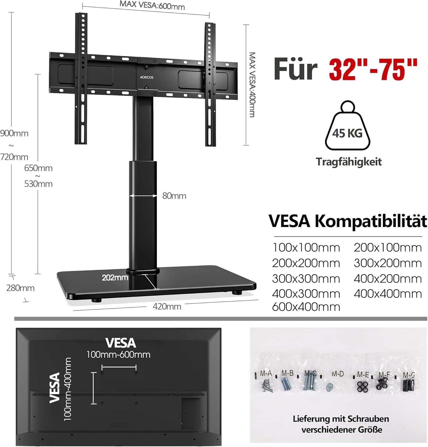 Detalle de AOKCOS TV Standfuss: Höheneinstellung 900 mm, neigbar & schwenkbar für 32–75 Zoll Fernseher