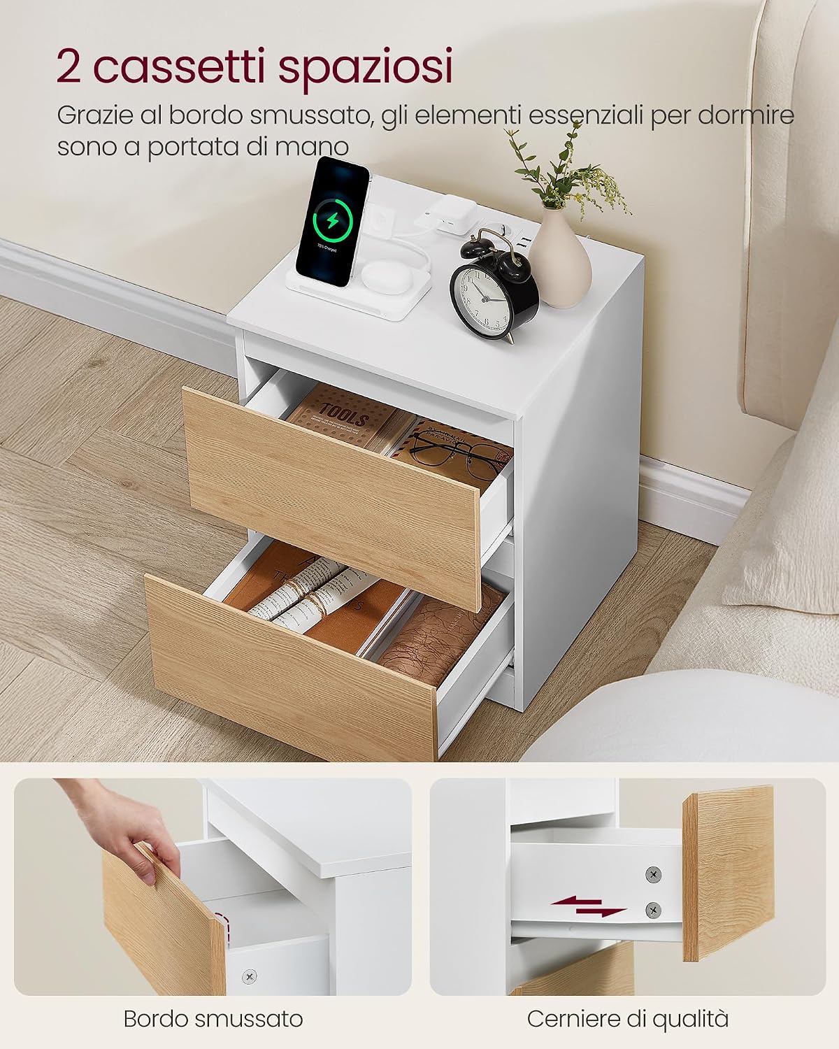 Detalle de VASAGLE Kailyn Collezione - Comodini con Ciabatta Elettrica, Set di 2, bianco nuvola LET821W02