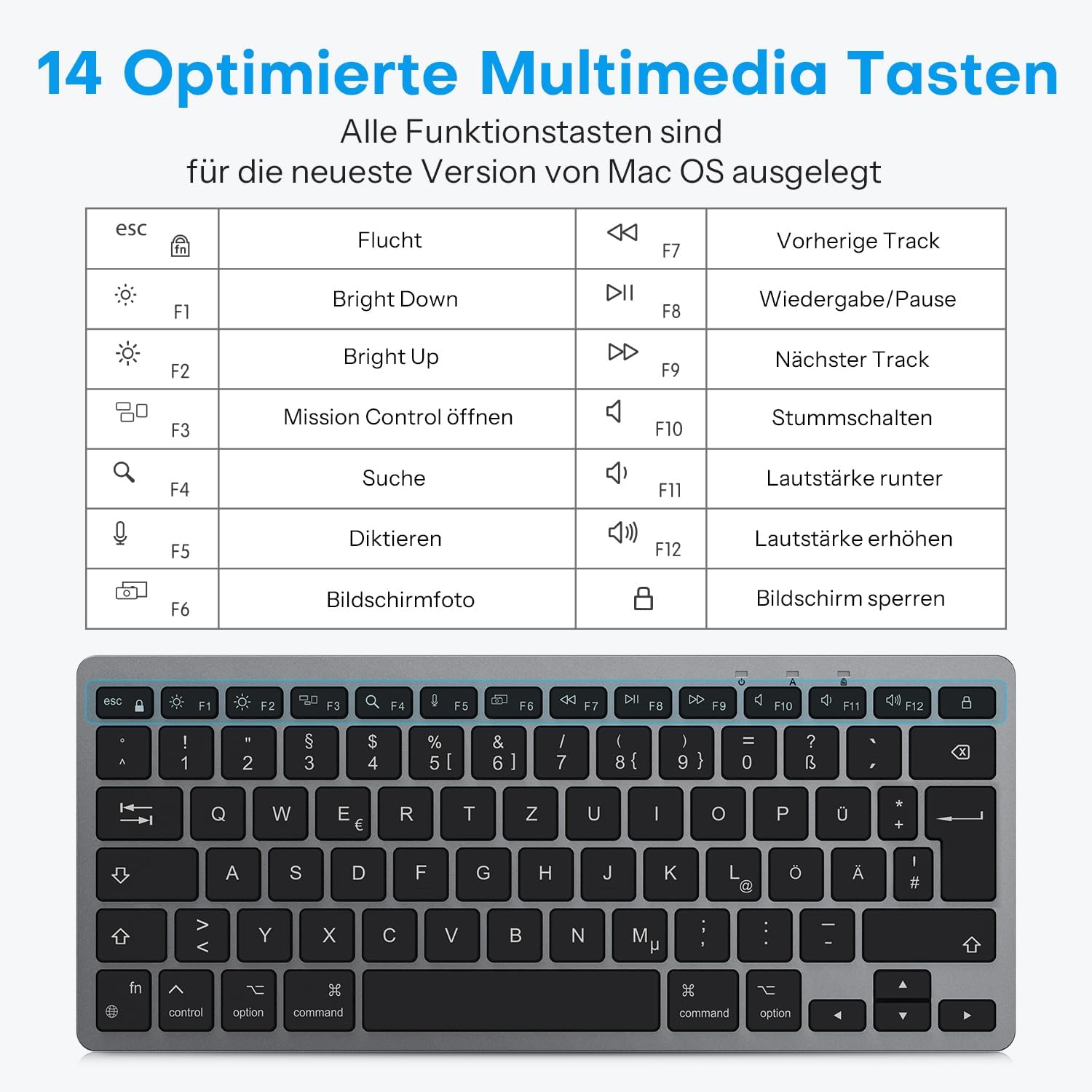 Detalle de OMOTON kabelgebundene Mac-Tastatur mit Dualanschluss (Type-C/USB) QWERTZ, flüsterleise Tasten, grau